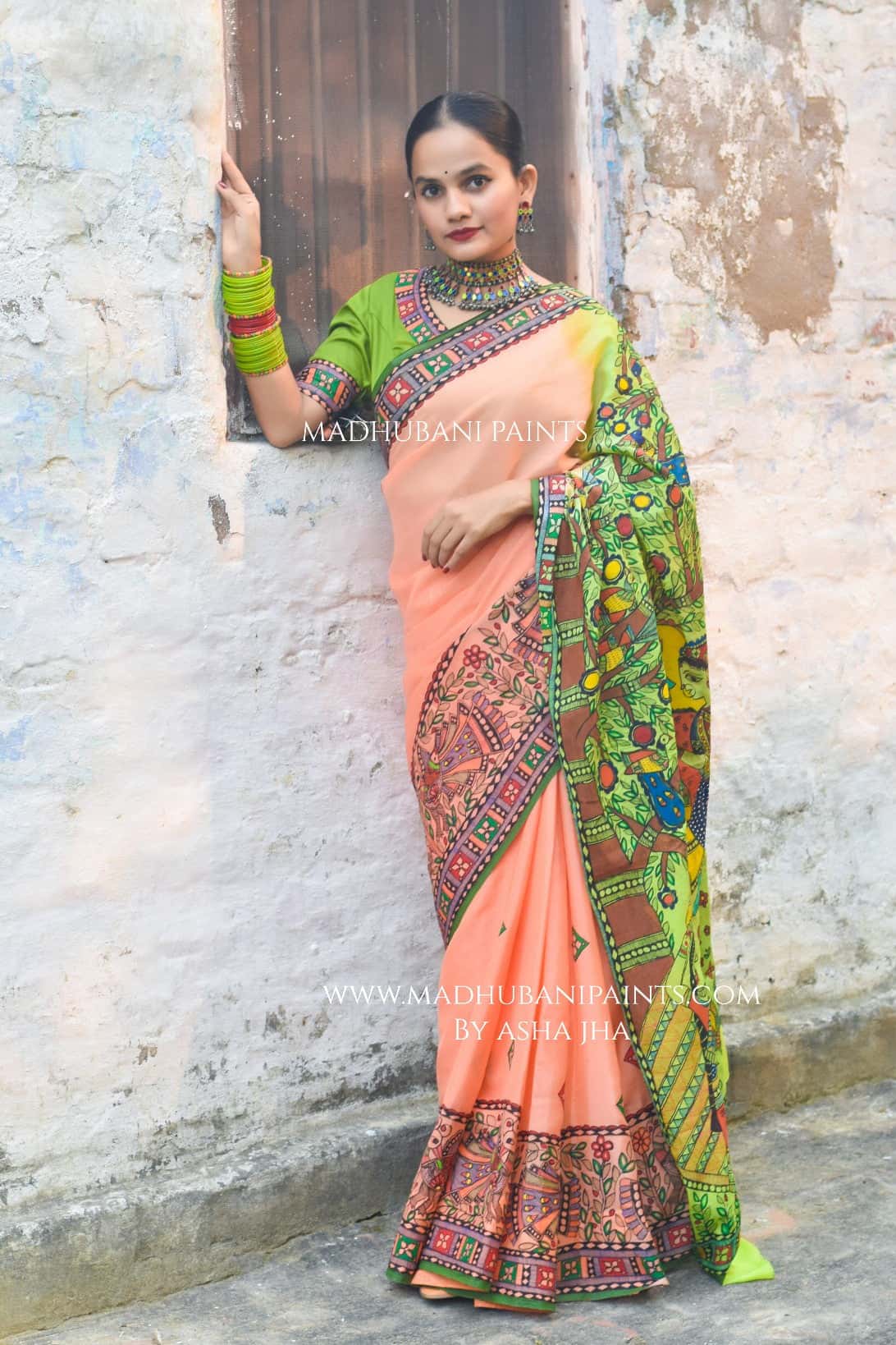 Radha Raman Prem Manjari Hand-painted Madhubani Chiffon Saree — image 6 of 6