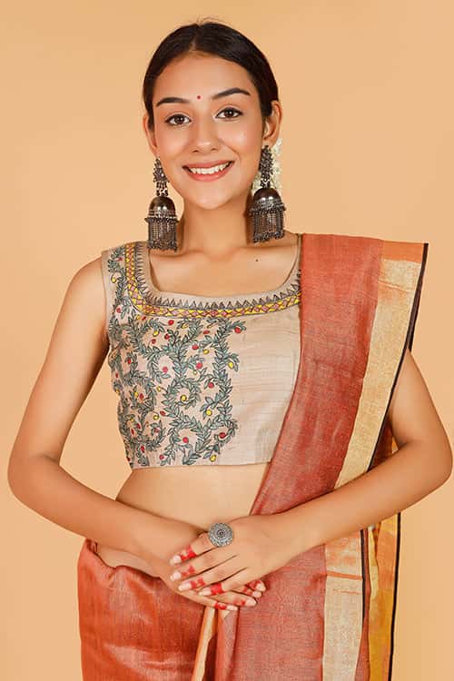 'Sita's Mithila Baag' Handpainted Madhubani Tussar Silk Blouse — image 5 of 7