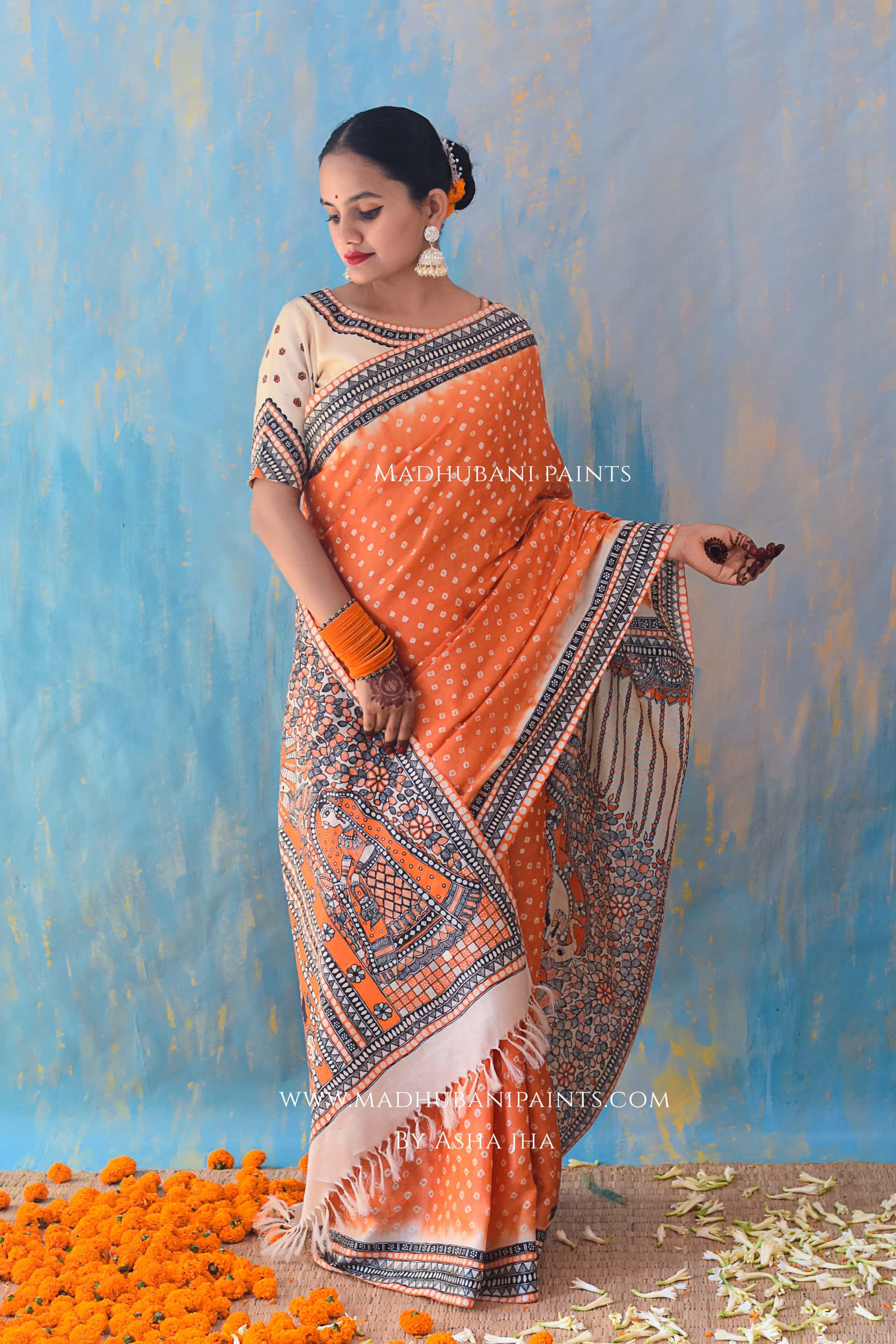 KAMLAKSHI Hand-painted Madhubani Bandhini Tussar Silk Saree Blouse Set — image 2 of 8