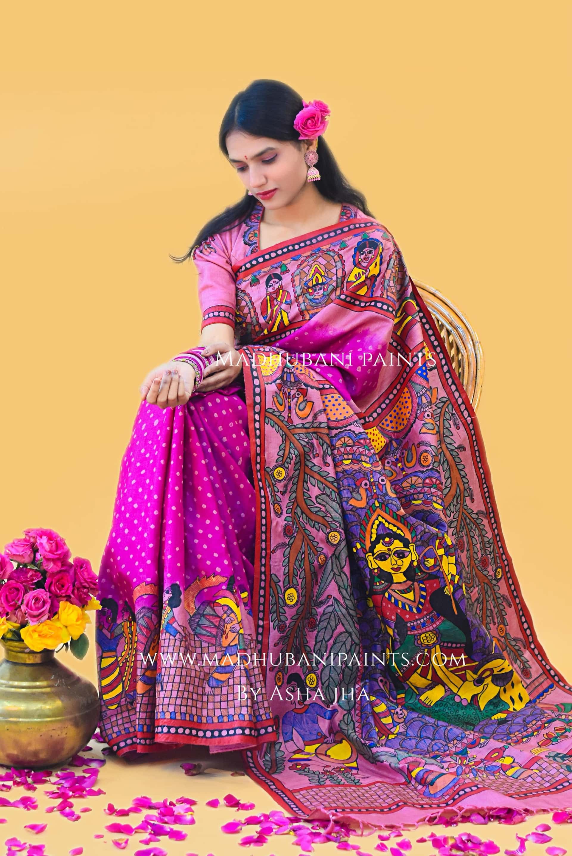 "GULABI DURGA" Handpainted Madhubani Bandhini Tussar Silk Saree — image 4 of 6