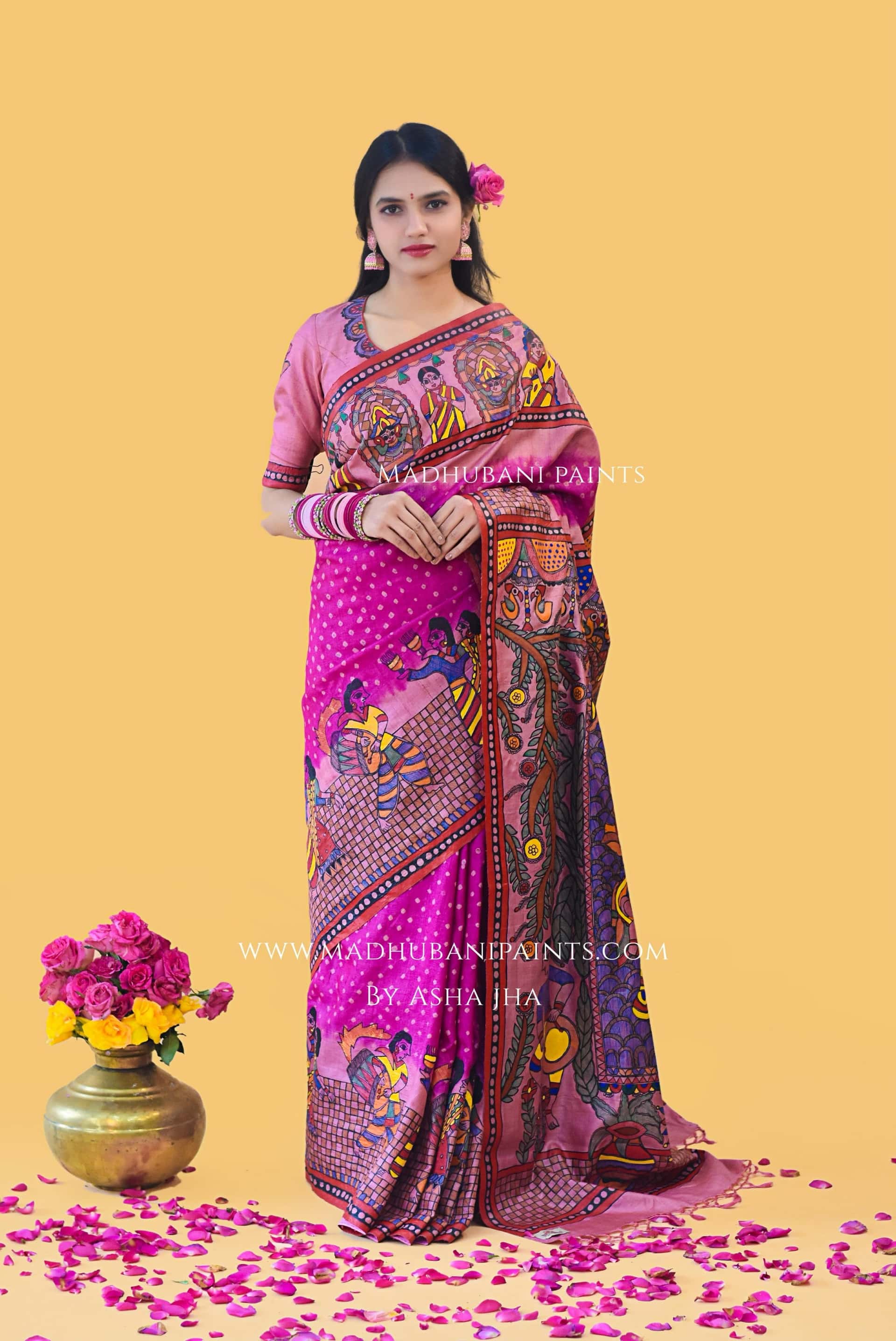 "GULABI DURGA" Handpainted Madhubani Bandhini Tussar Silk Saree Blouse set — image 6 of 9