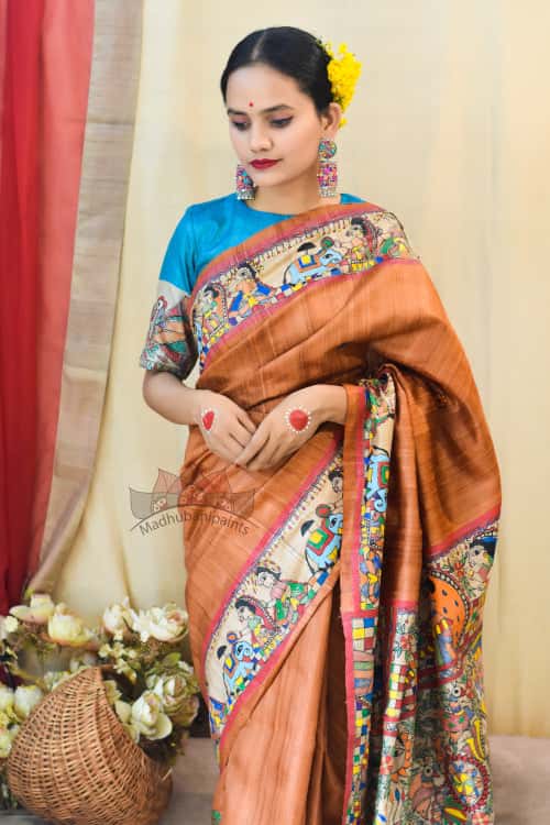 'KOHBAR' Handpainted Madhubani Rust Orange Tussar Silk Saree — image 4 of 5