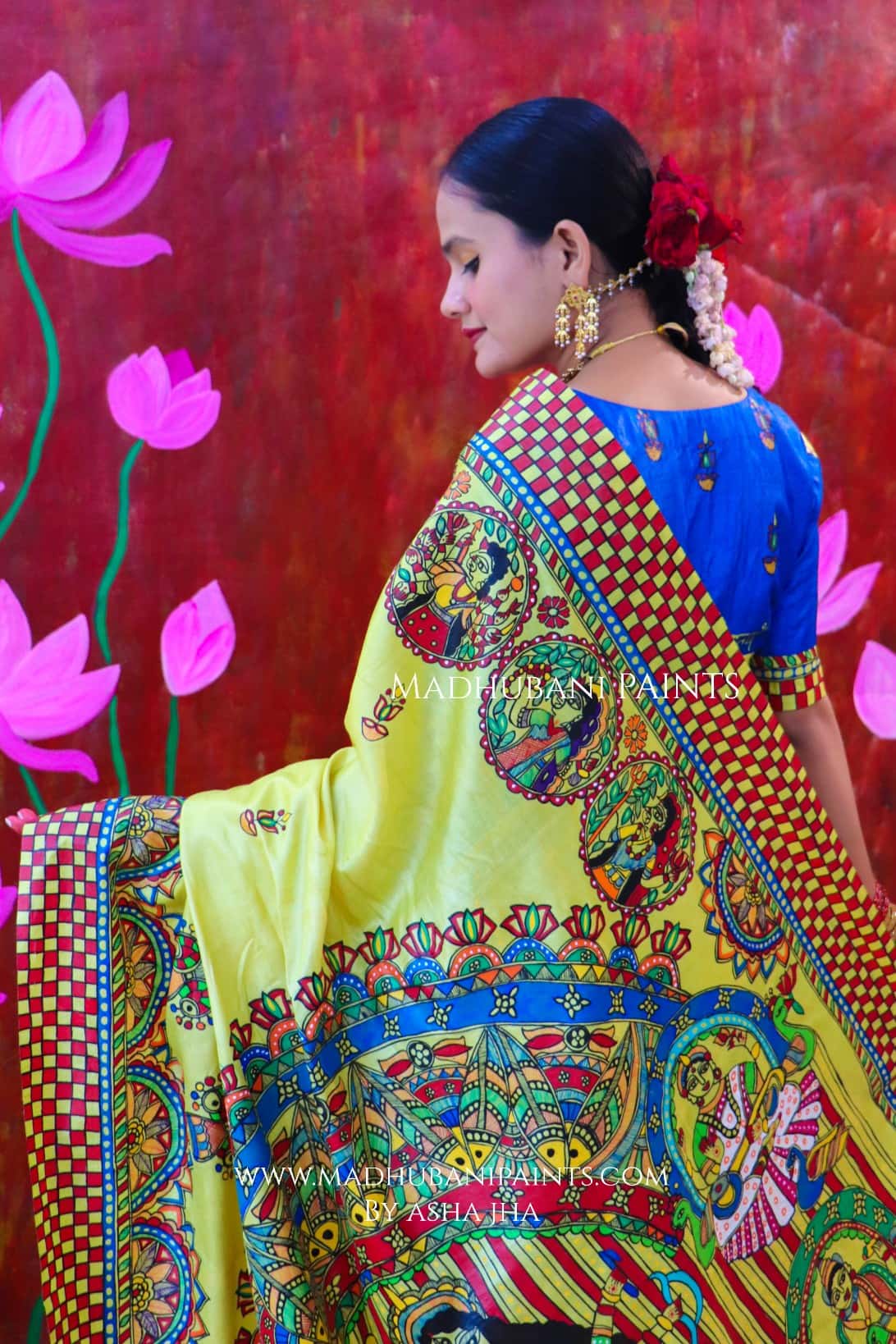 "KAMAKSHI" Handpainted Madhubani Tussar Silk saree blouse set — image 10 of 12