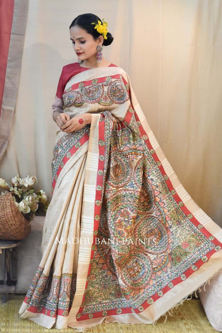 Peacock Tussar Madhubani Painted Saree — image 3 of 6