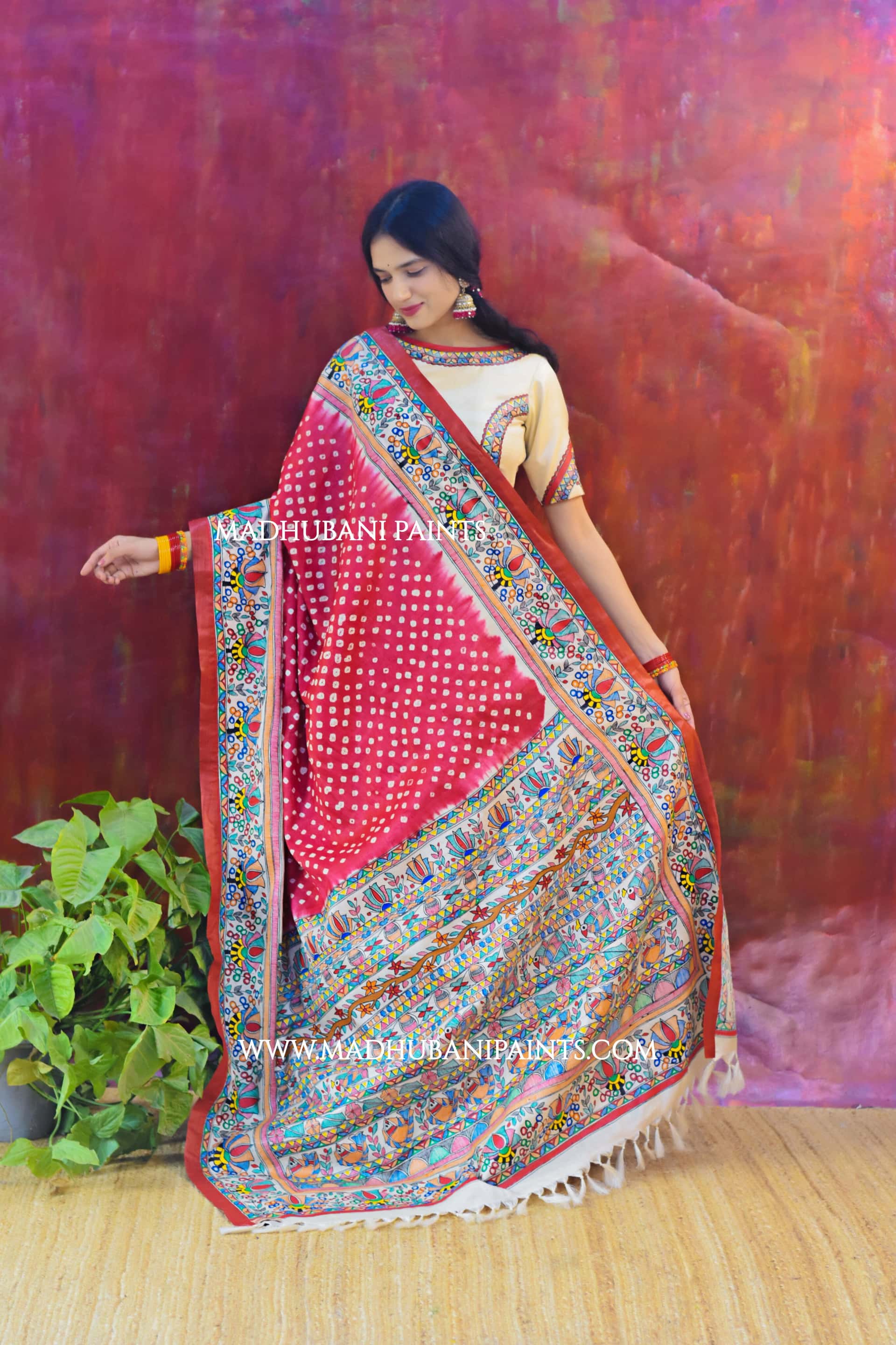 LAALI Handpainted Tussar Silk Bandhini Madhubani Saree