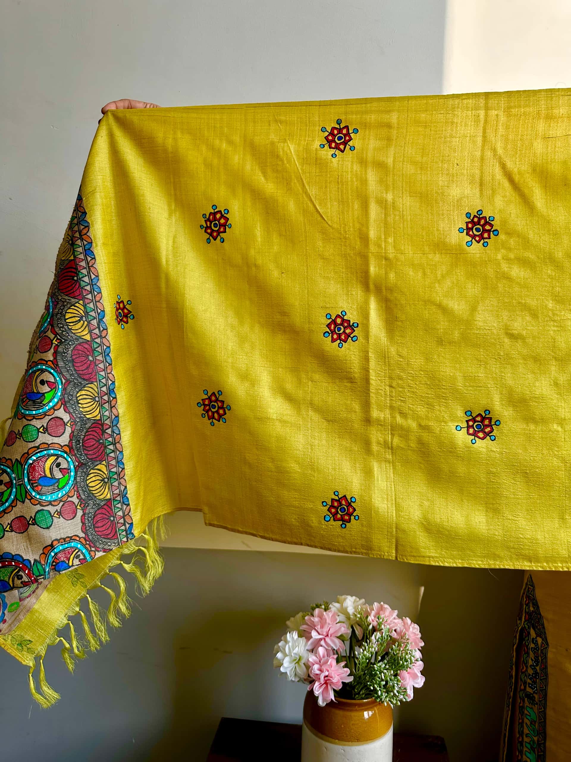 Fish Hand-painted Madhubani Tussar Silk Stole