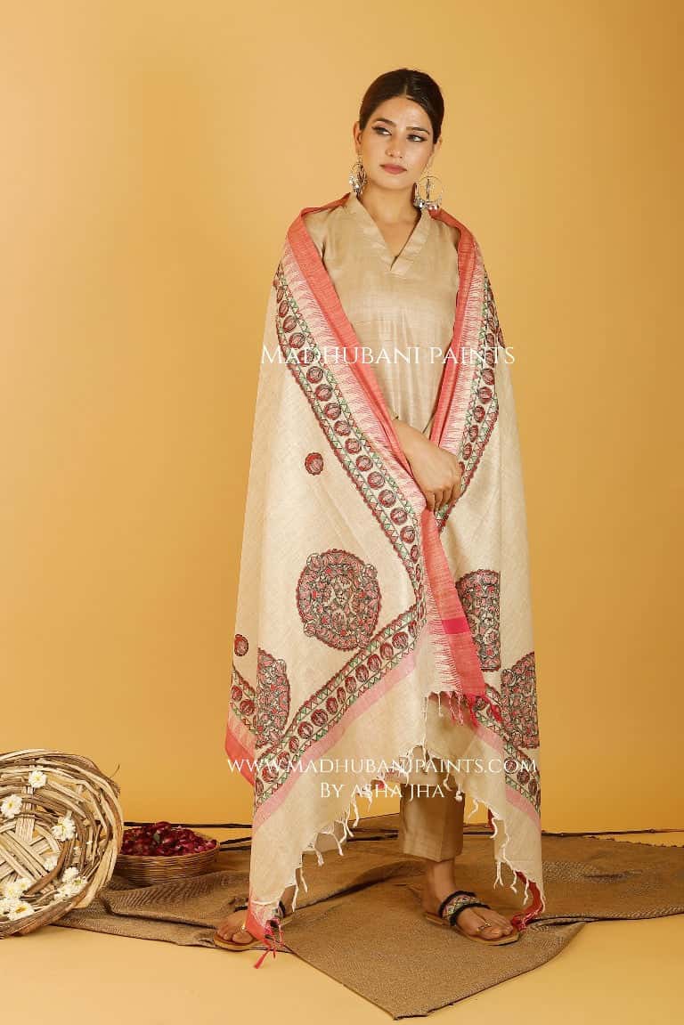 Fish Lotus Mandara Madhubani Handpainted Pure Handloom Cotton Dupatta — image 2 of 3