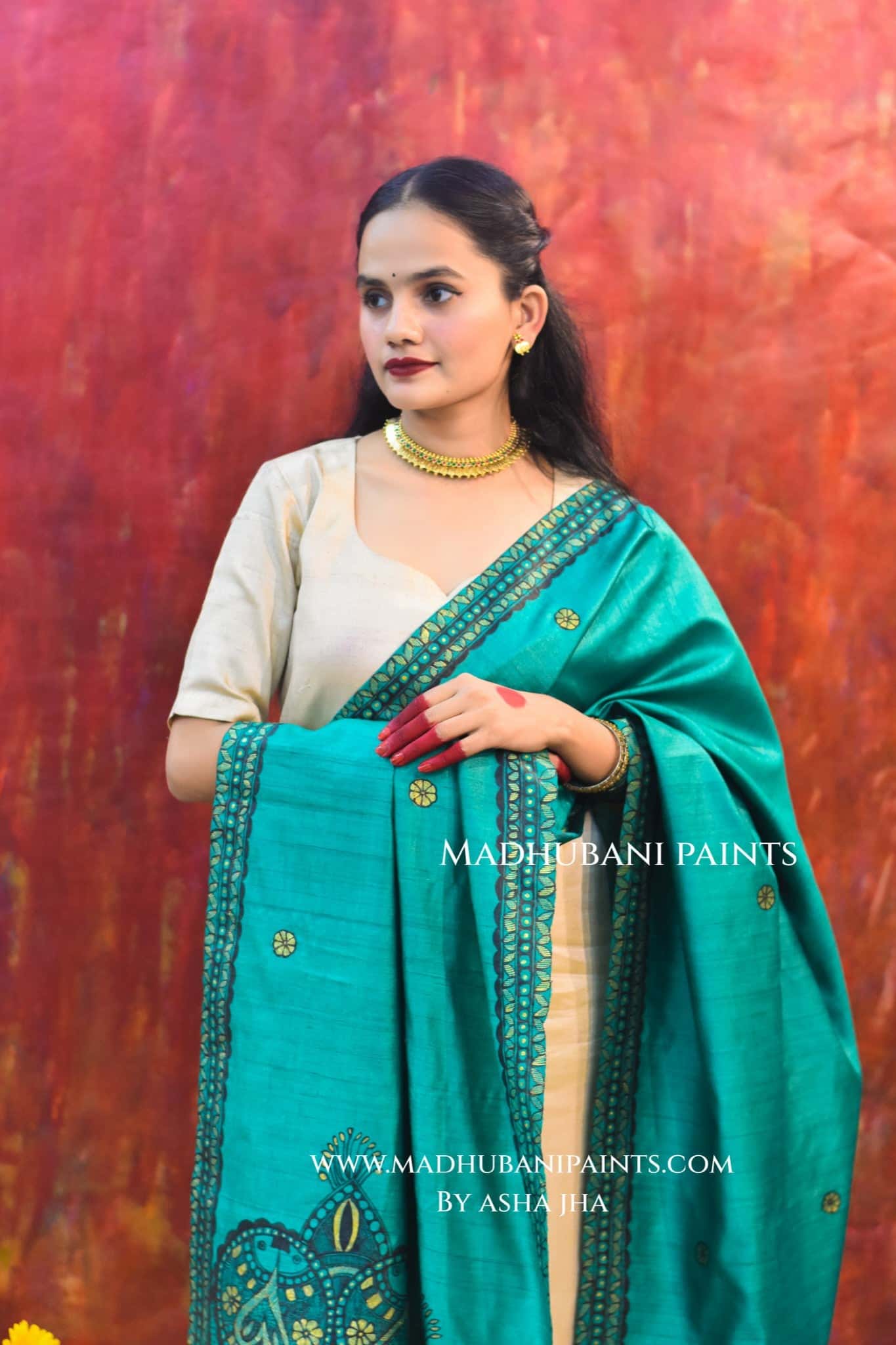 'HARIYALI RANG' Handpainted Madhubani Tussar Silk Dupatta — image 2 of 8