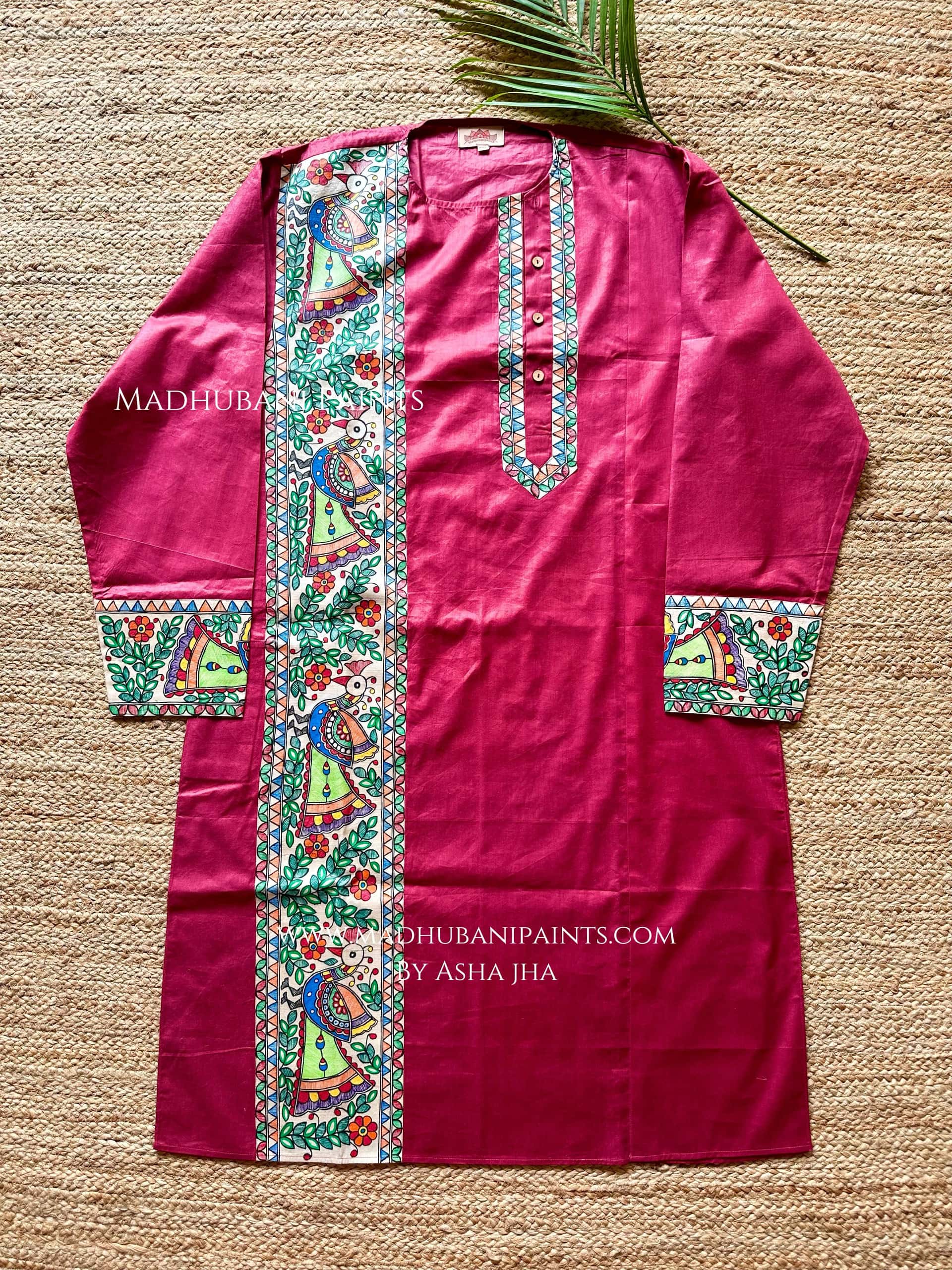 Maroon Mayuri Hand-painted Handloom Men's Cotton Kurta — image 3 of 4