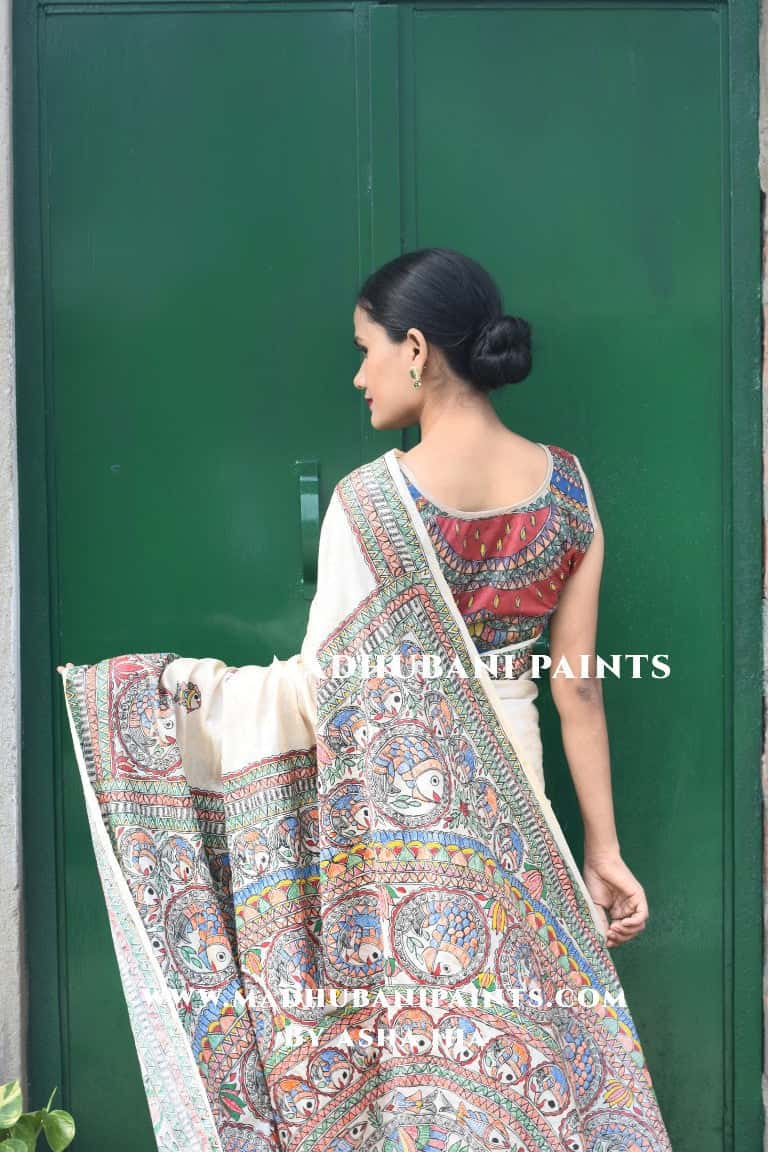 'MATSYA KACHNI' Handpainted Madhubani Tussar Silk Saree — image 6 of 8