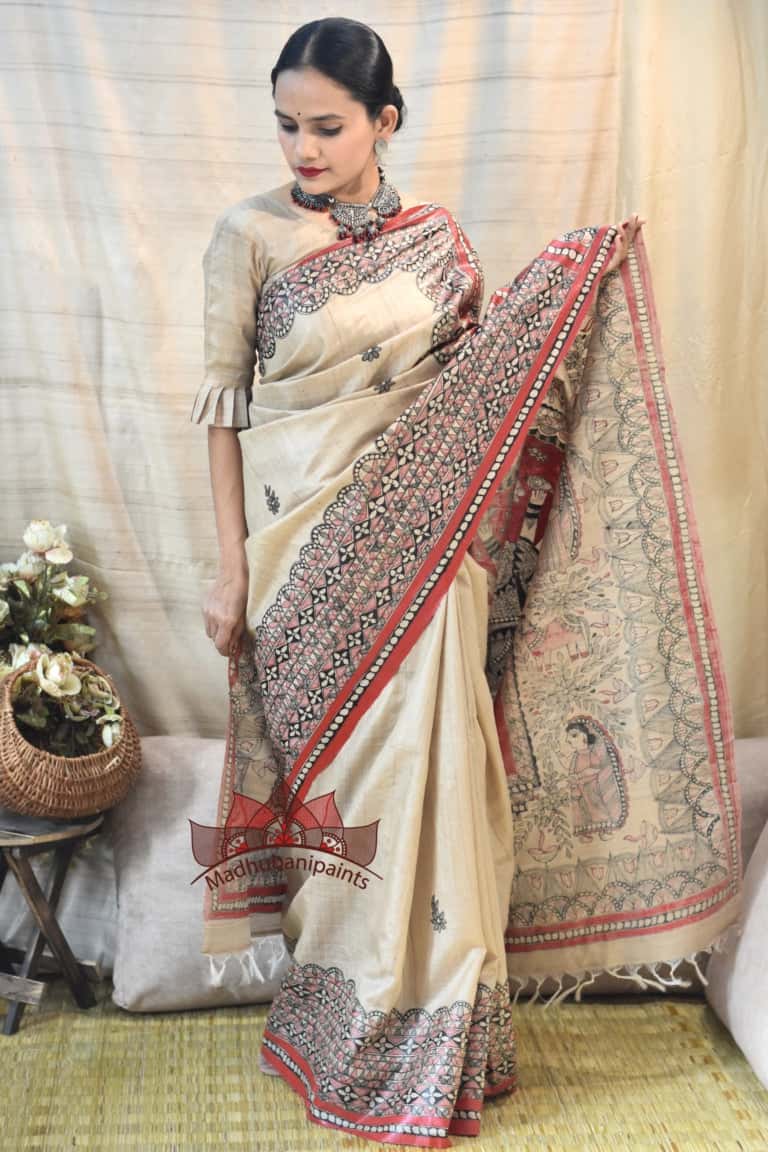 Maa Durga Red Black Hadpainted Tussar Saree — image 2 of 6