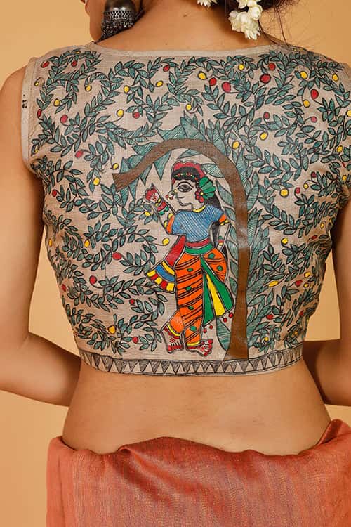 'Sita's Mithila Baag' Handpainted Madhubani Tussar Silk Blouse — image 4 of 7
