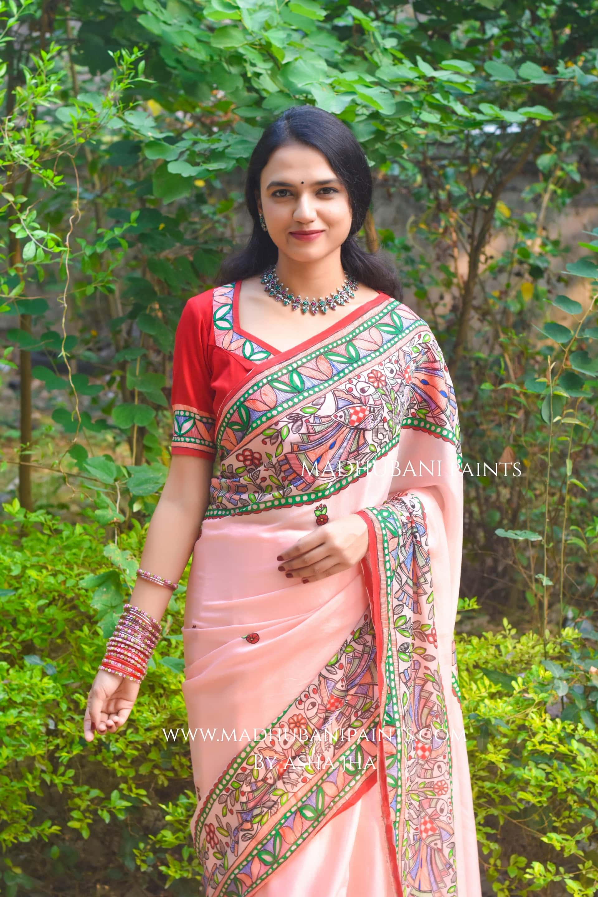 Gulabi Mor Hand-painted Madhubani Chiffon Saree — image 7 of 7