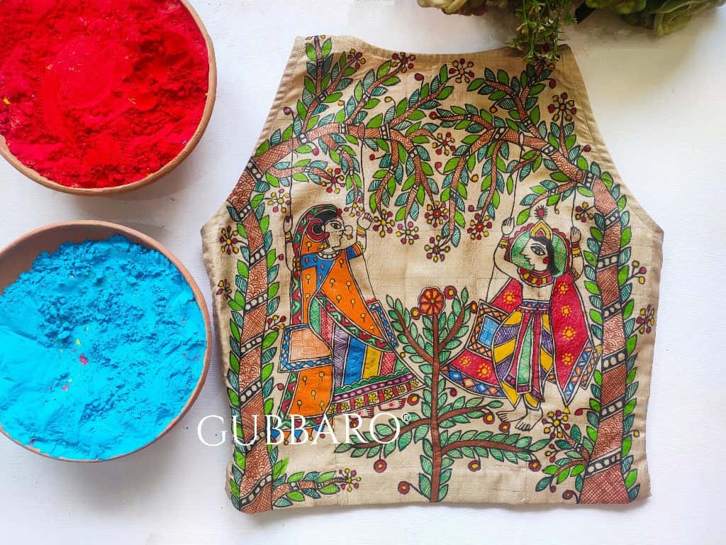 'Jhule Nand Lal sang Radha Rani' Madhubani Hand Painted Blouse — image 2 of 4