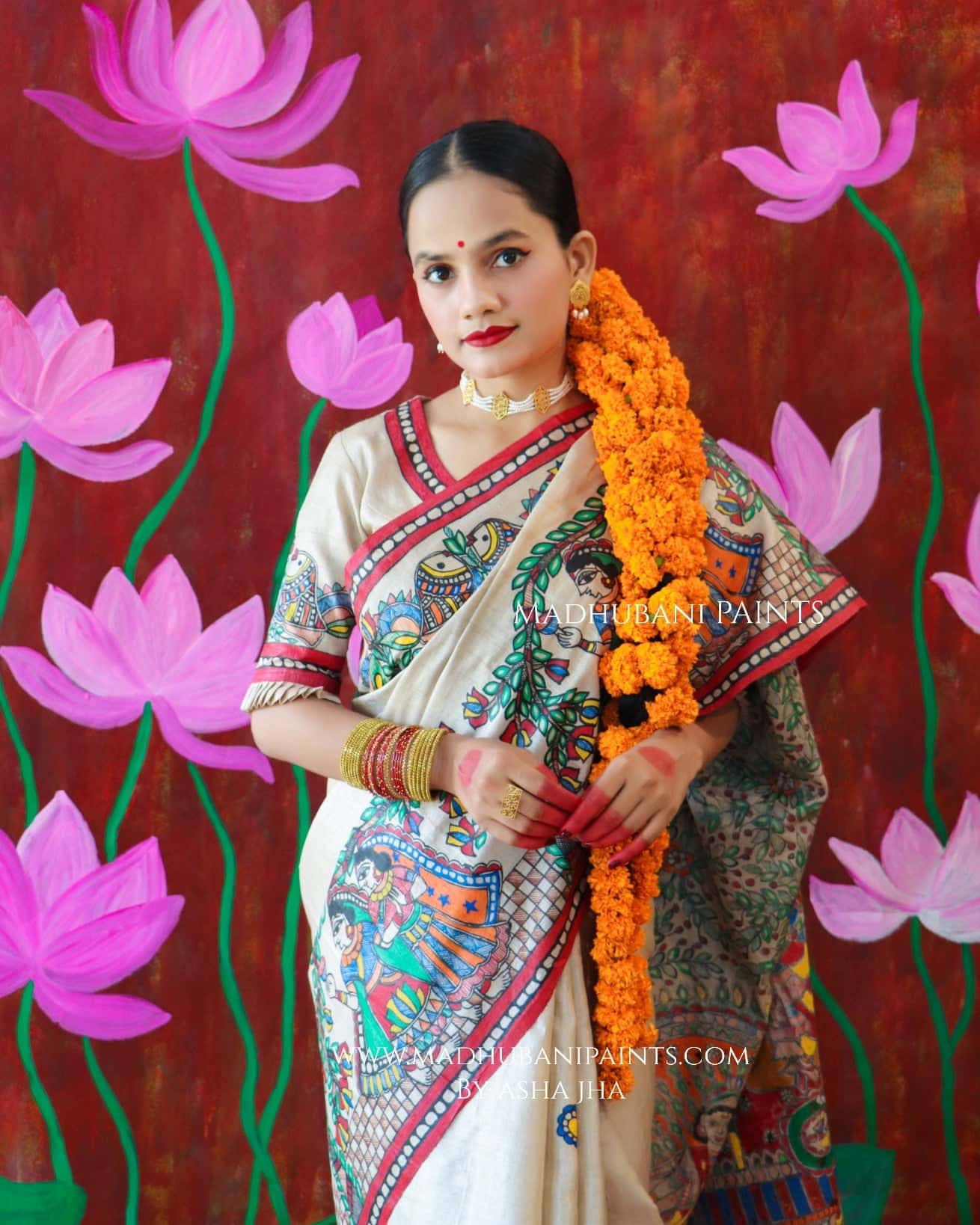 'MALINI' Handpainted Madhubani Tussar Silk Saree Blouse Set — image 7 of 11