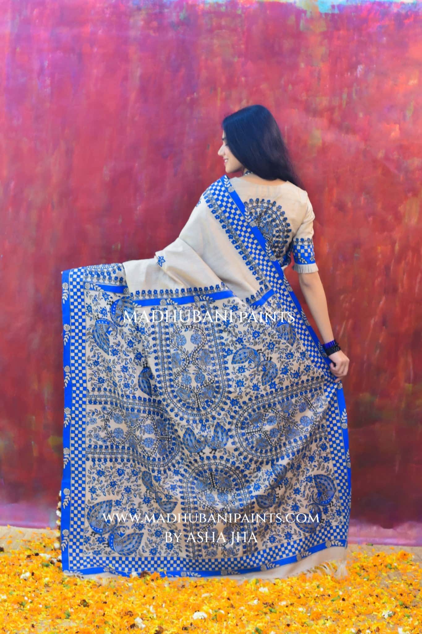 'NEELAKANTH' Tussar Silk Hand-Painted Madhubani Saree — image 4 of 7