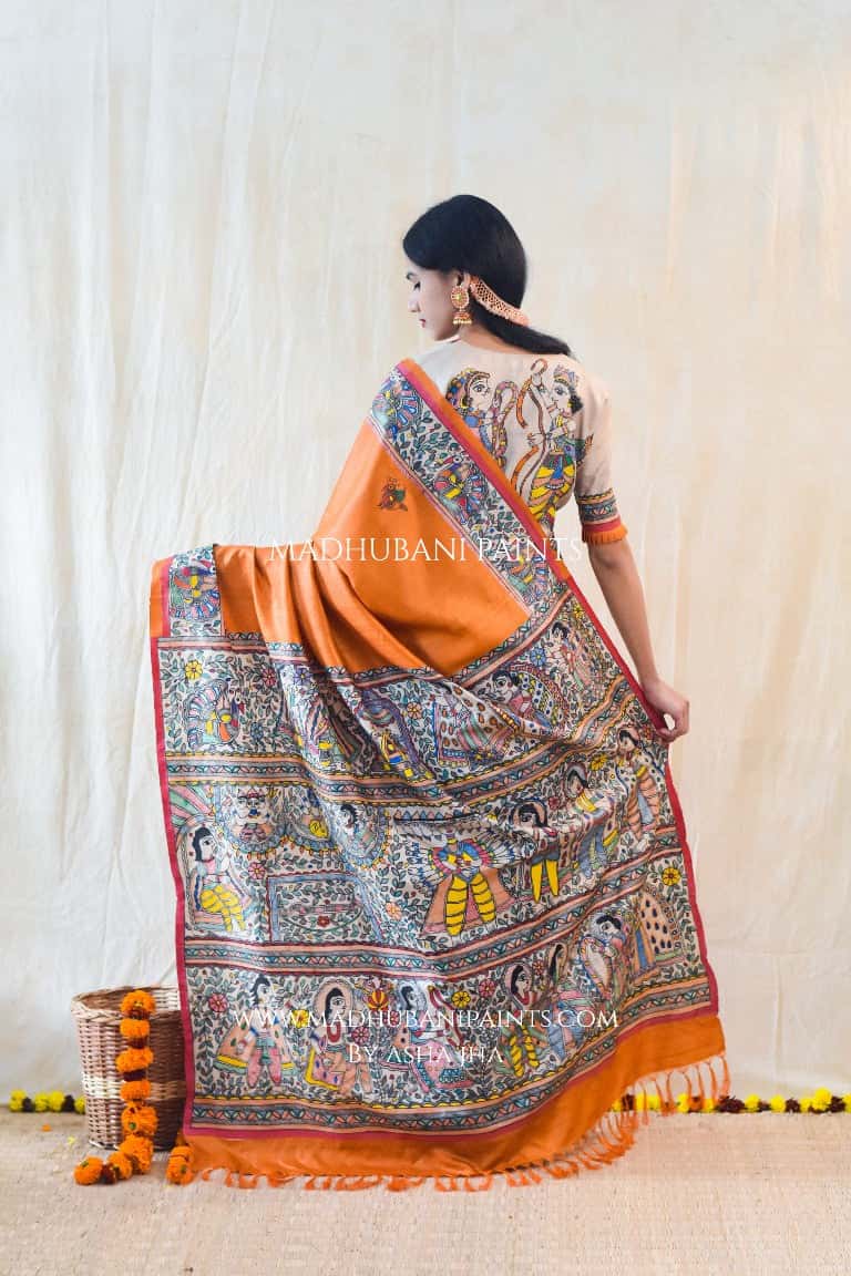 'SITA RAM' Handpainted Madhubani Tussar Silk Saree — image 2 of 4