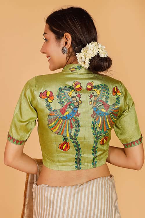 'Mithila Mayuri' Handpainted Madhubani Tussar Silk Blouse — image 4 of 6