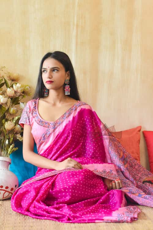 'SITA SWAYAMBAR' Handpainted Madhubani Bandhini Pure Silk Saree — image 4 of 5