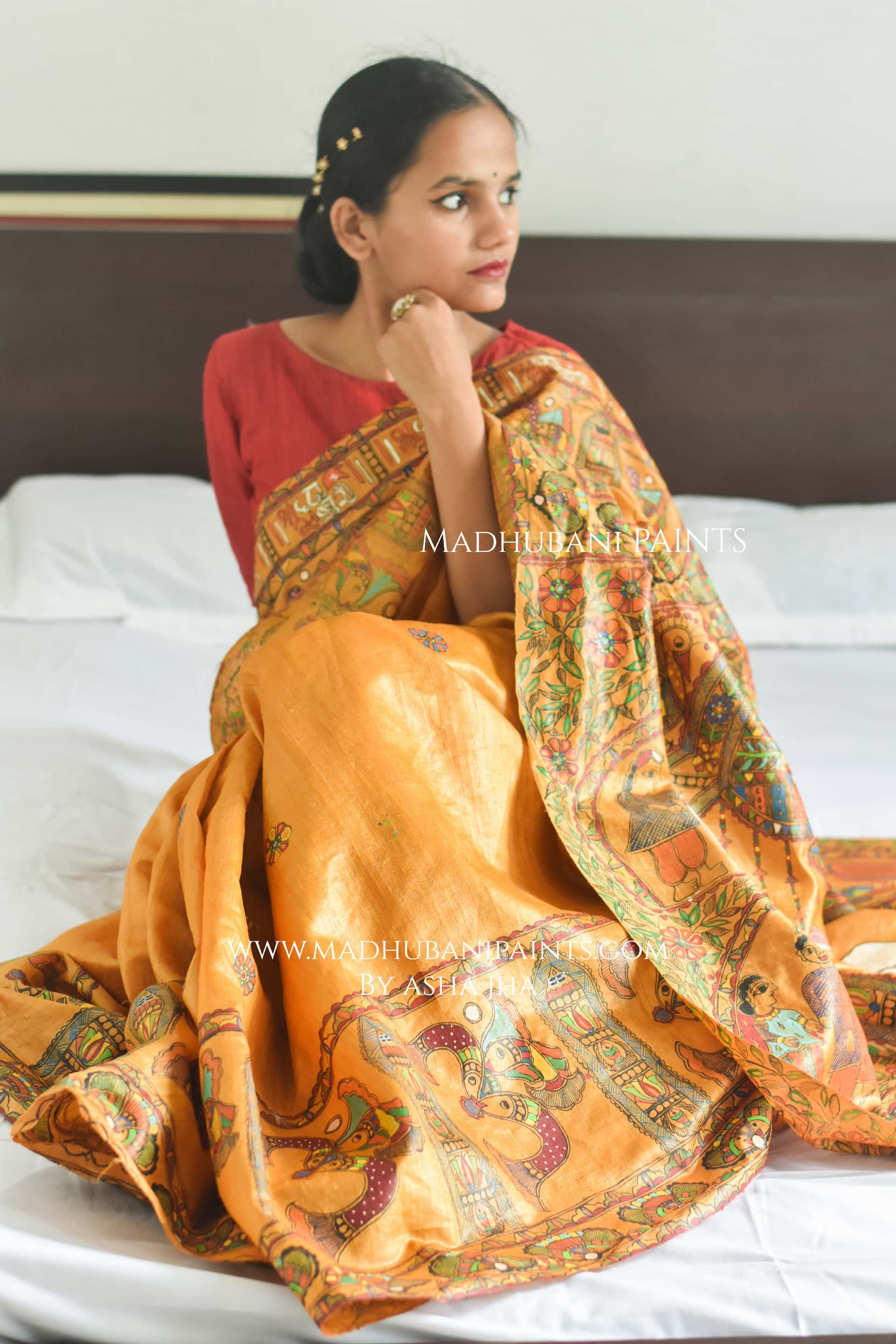 'SAI BABA' Handpainted Madhubani Tussar Silk Saree — image 5 of 8