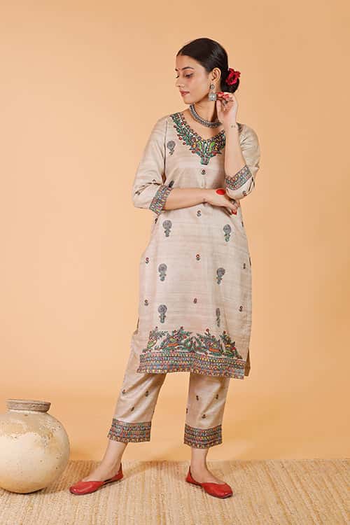 'Maithili' Handpainted Madhubani Tussar SIlk Kurta — image 2 of 6