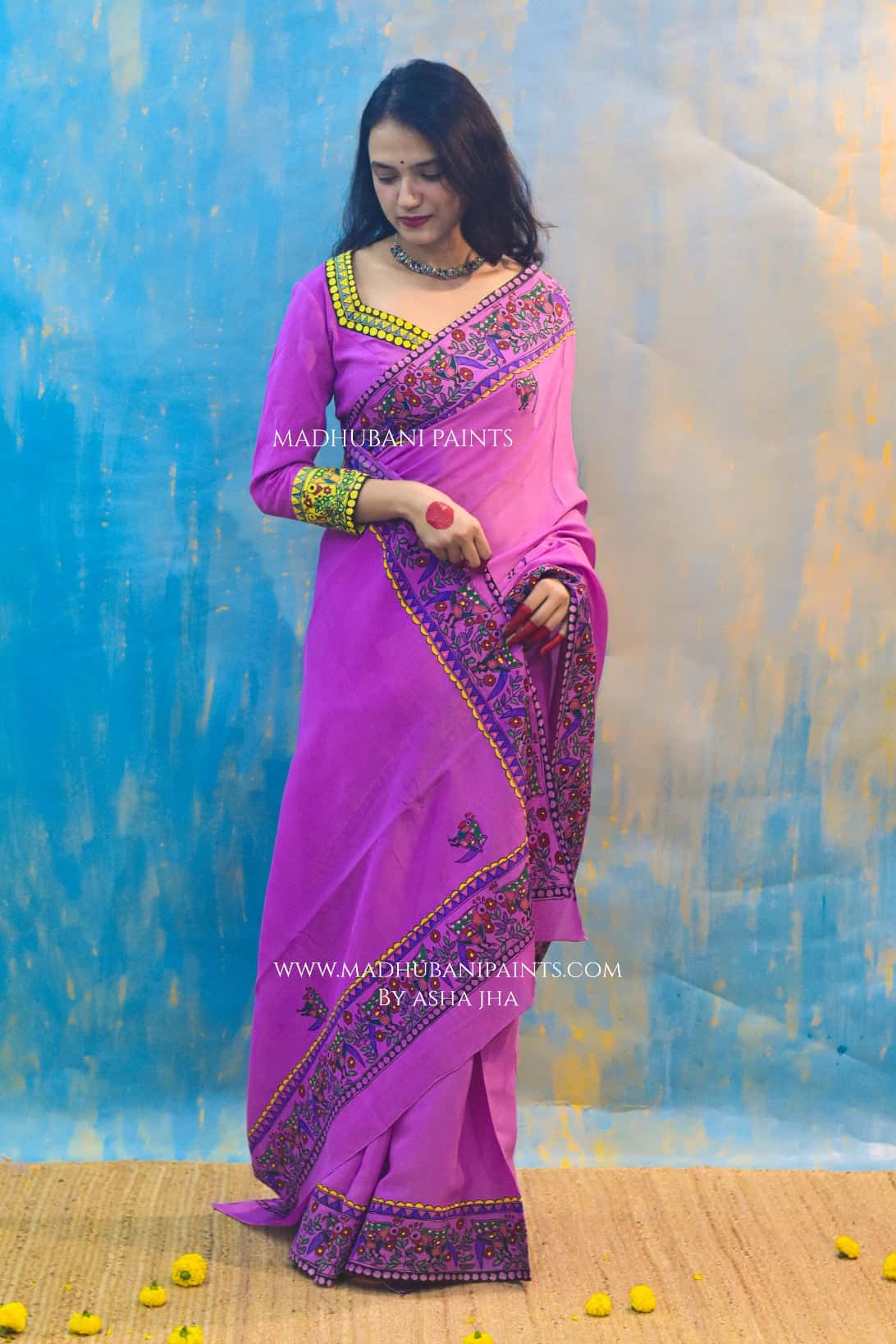 Baigani Mor Hand-painted Madhubani Chiffon Saree Blouse Set — image 5 of 8