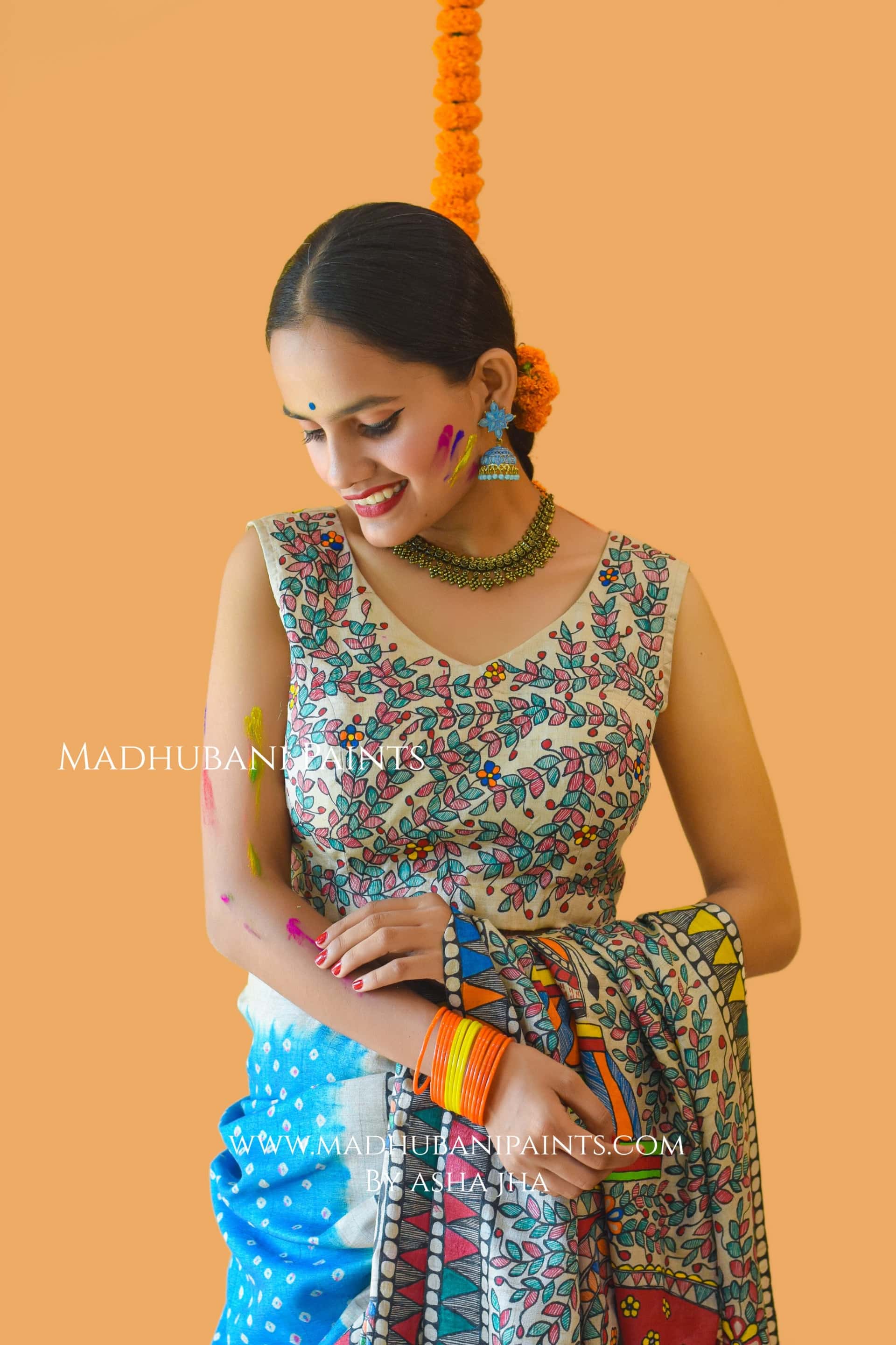 VANDURGA Hand-painted Madhubani Bandhini Saree Blouse Set — image 9 of 11