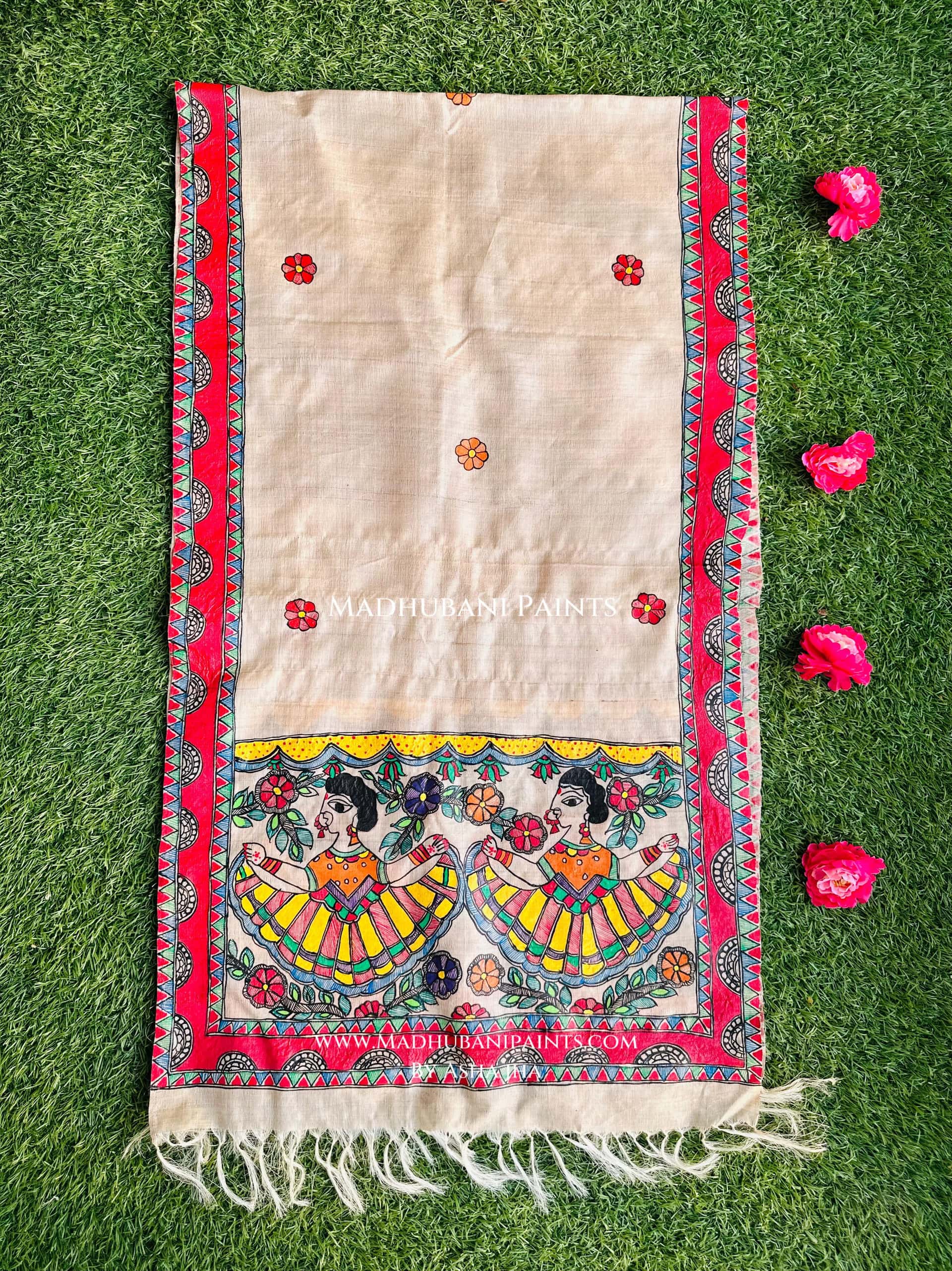 Vrindavan Gudiya Tussar Silk Madhubani Hand-painted Stole