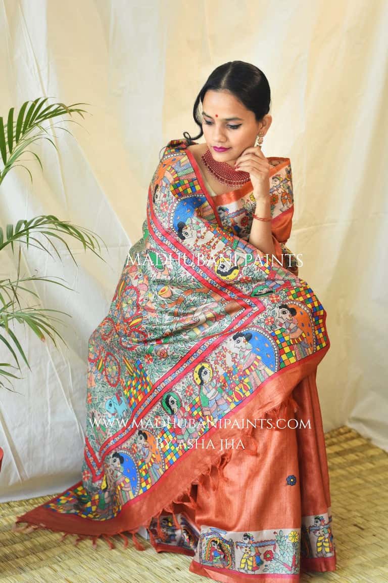 Madhubani Paints Kohbar Rust Orange Saree — image 3 of 4