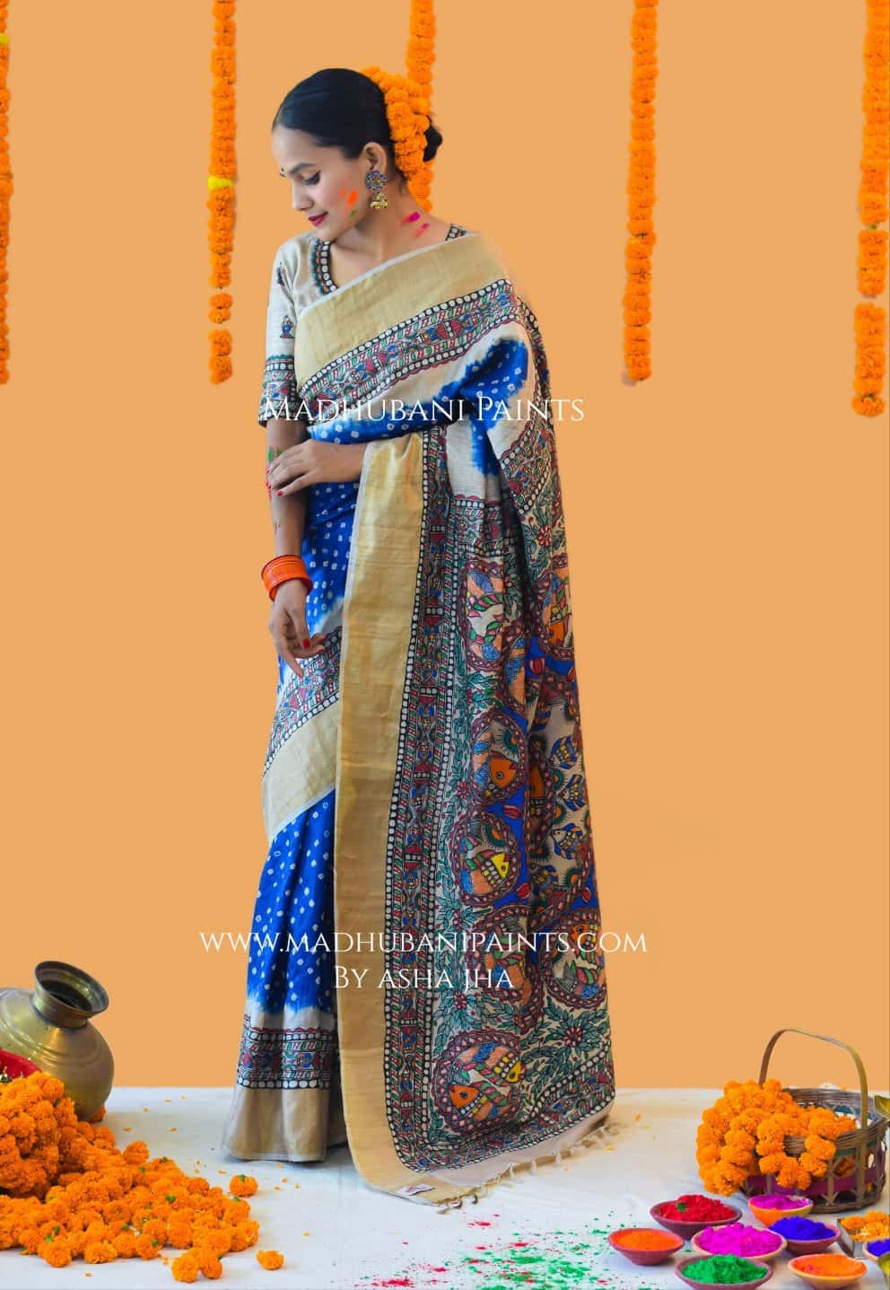 MATSYANGANA Hand-painted Bandhini Madhubani Tussar Silk Saree Blouse Set — image 2 of 9