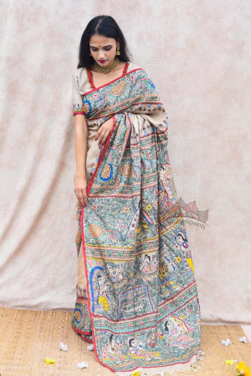 'RAMAYANA' Handpainted Madhubani Tussar Silk Saree Blouse Set — image 2 of 8
