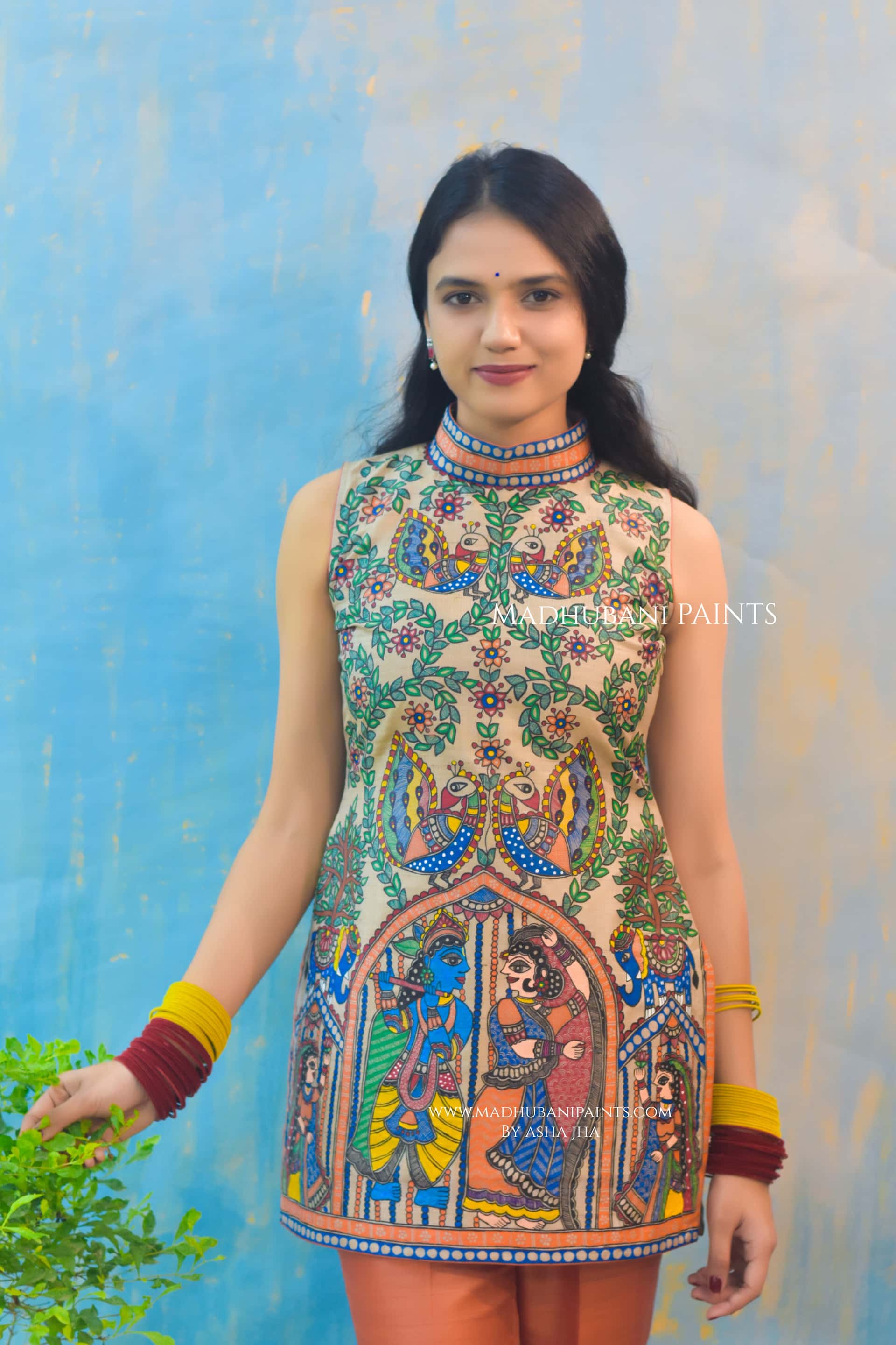 Radha Krishna Milan Handpainted Madhubani Tussar Silk Kurta — image 3 of 3