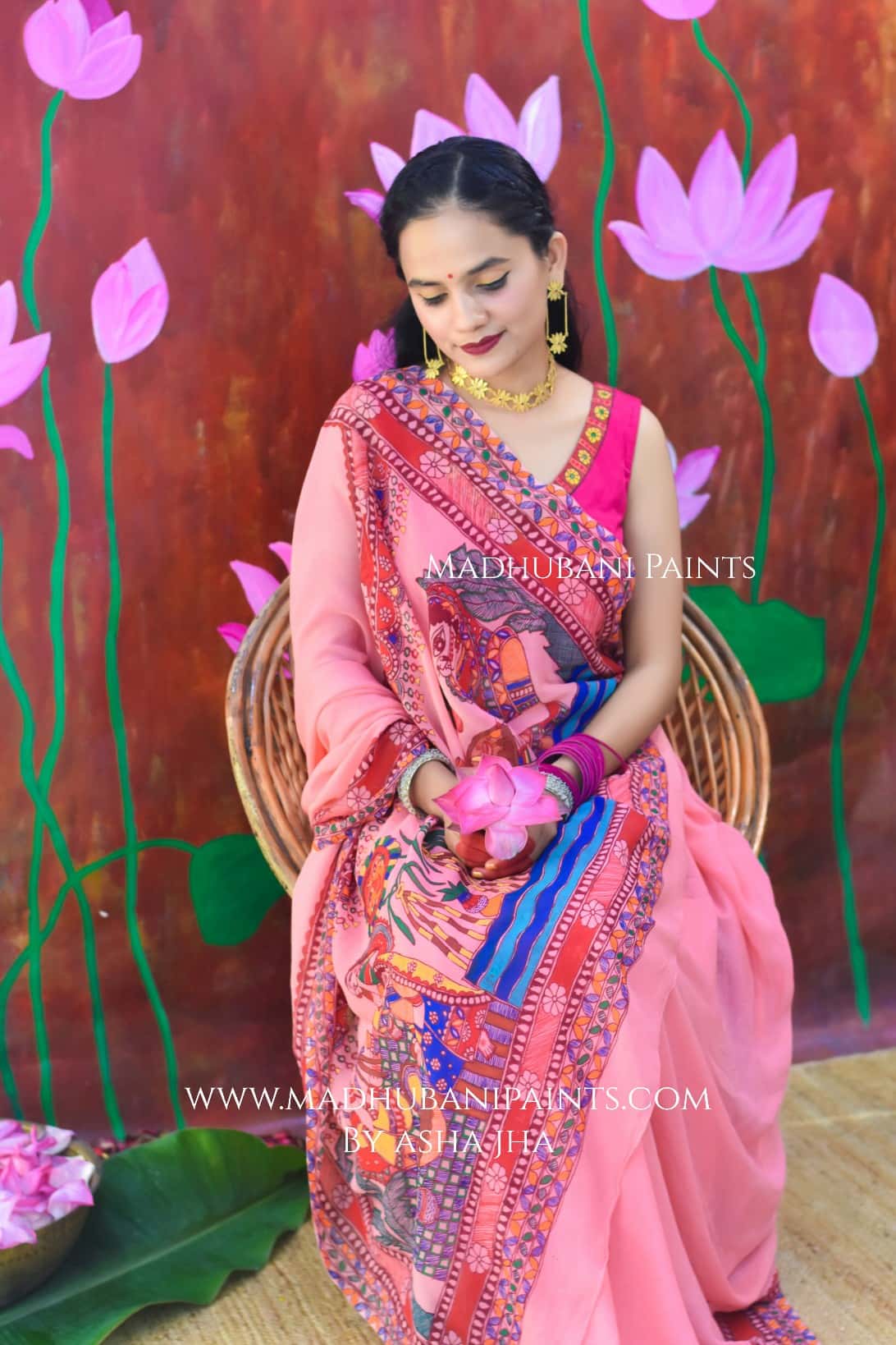 POOJA VIBHUTI Chhath Puja Hand-painted Madhubani Georgette Saree Blouse Set — image 2 of 9