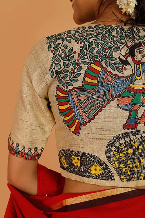 'Krishna Nritya' Handpainted Madhubani Cotton Blouse — image 7 of 8