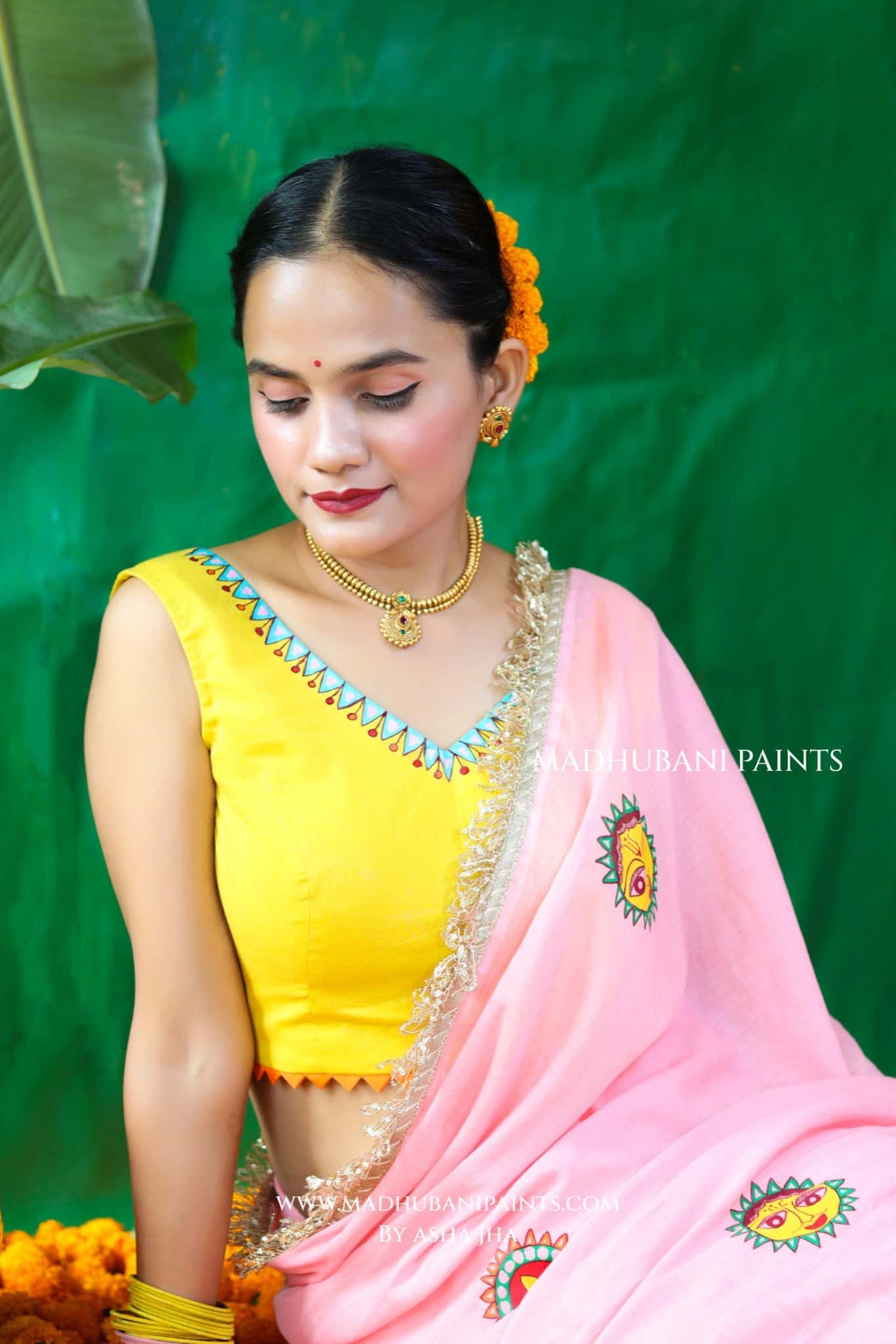 SURYA Chhath Puja Handpainted Madhubani Cotton Saree Blouse Set — image 8 of 11