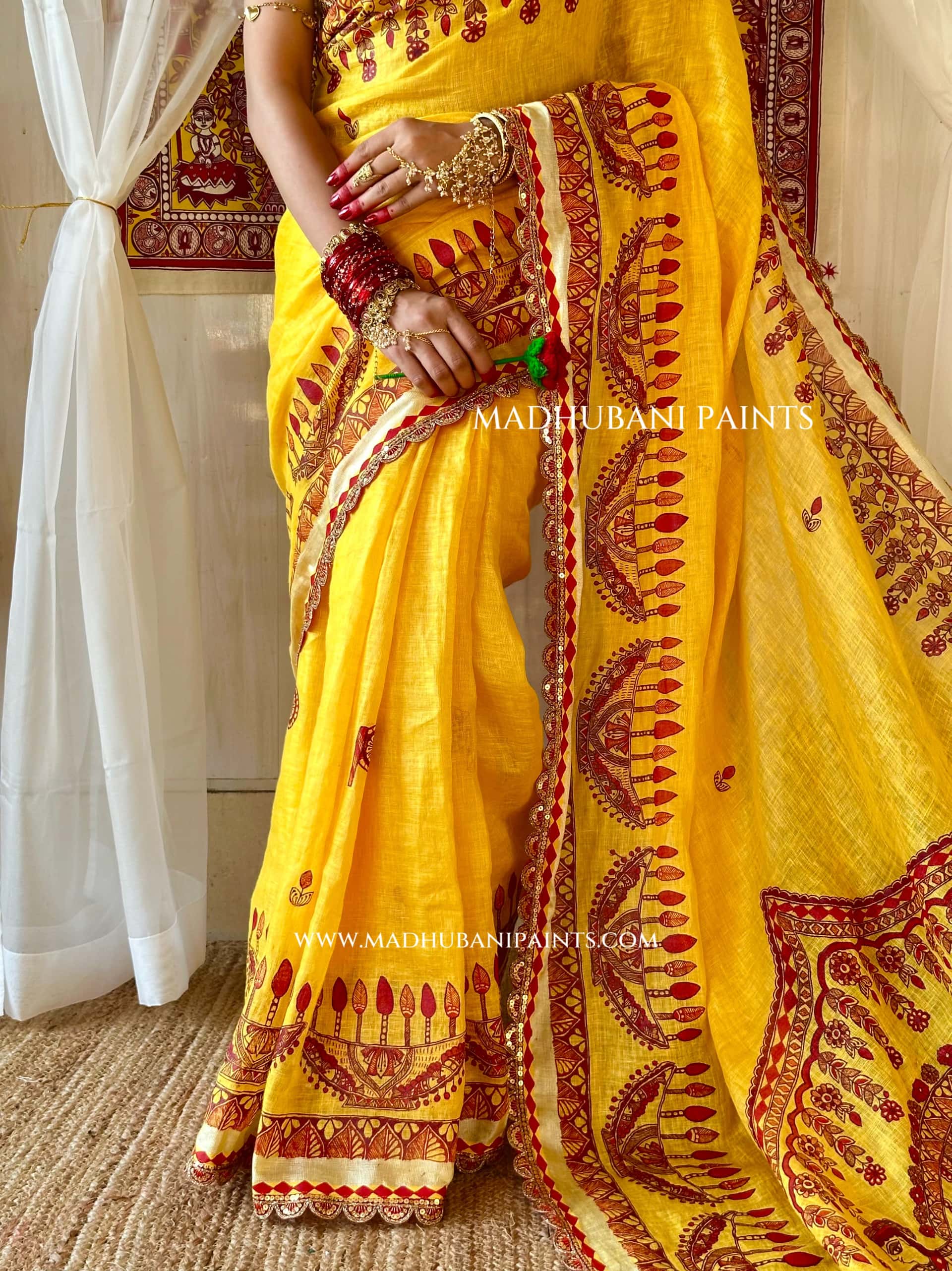 Haldi Bridal Hand-painted Madhubani Painting Saree Blouse Set — image 2 of 11