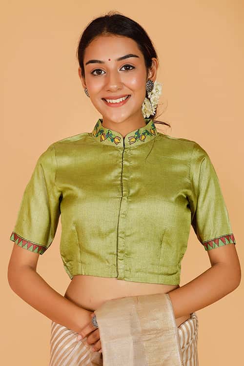 'Mithila Mayuri' Handpainted Madhubani Tussar Silk Blouse — image 3 of 6