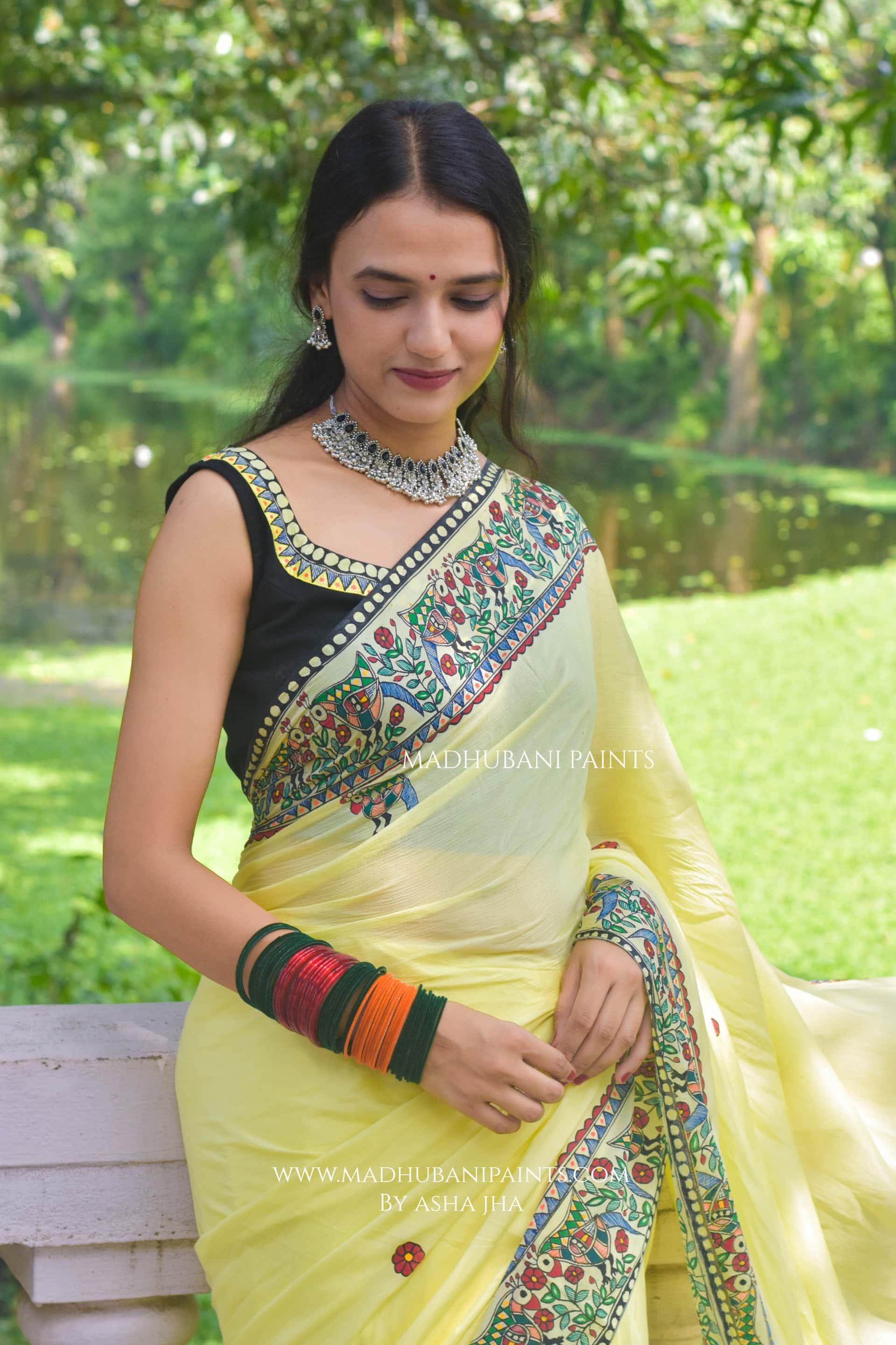 Sunehri Mayuri Hand-painted Madhubani Chiffon Saree — image 2 of 7
