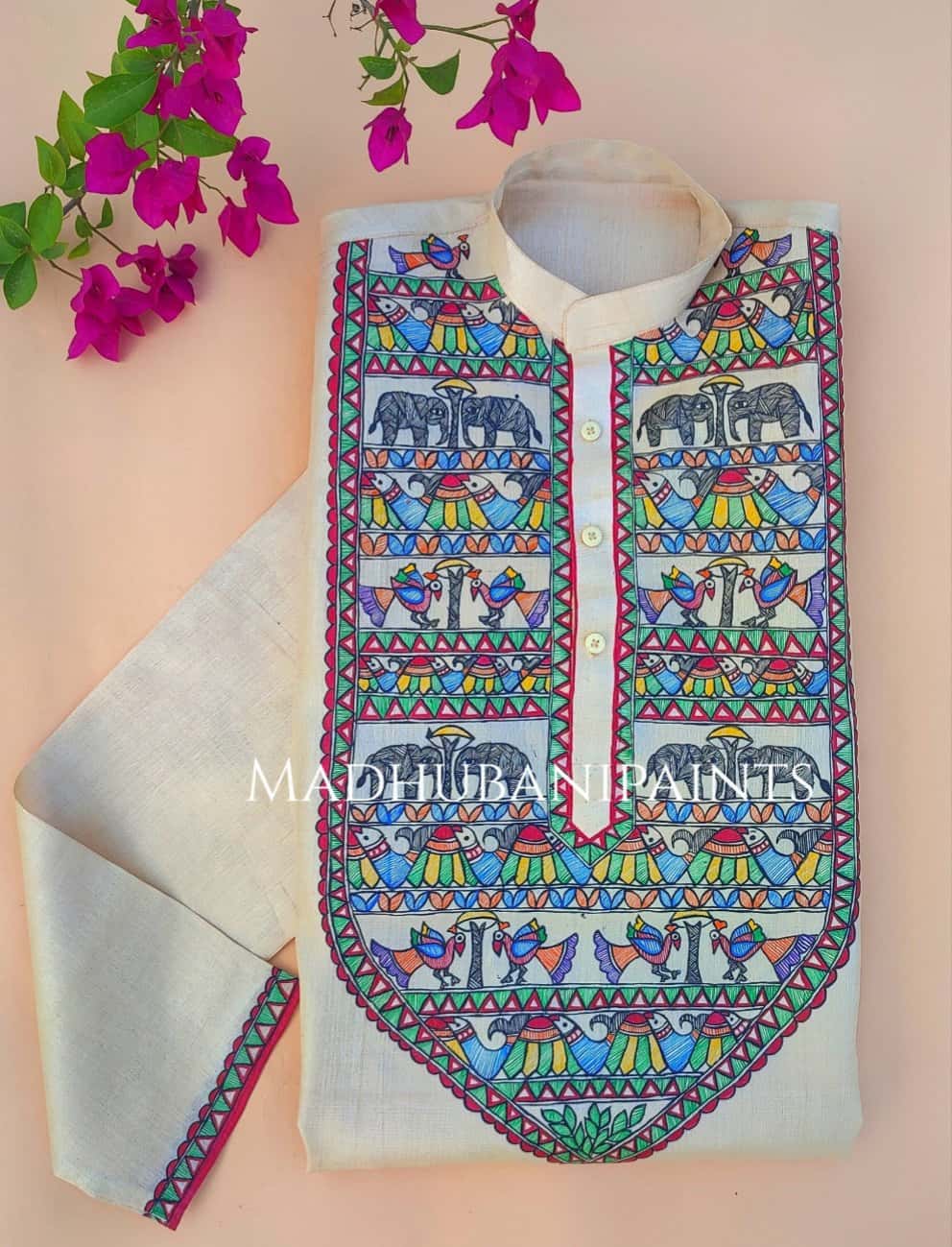 Hathi Mor Machli Hand-painted  Madhubani Men's Tussar Silk Kurta