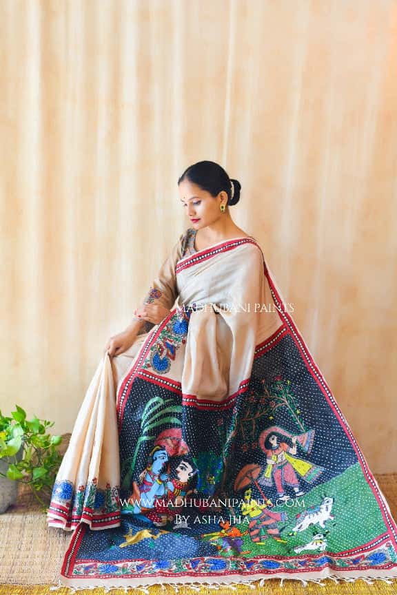 KRISHNA IN BAARISH' Handpainted Madhubani Tussar Silk Saree Blouse Set — image 6 of 8