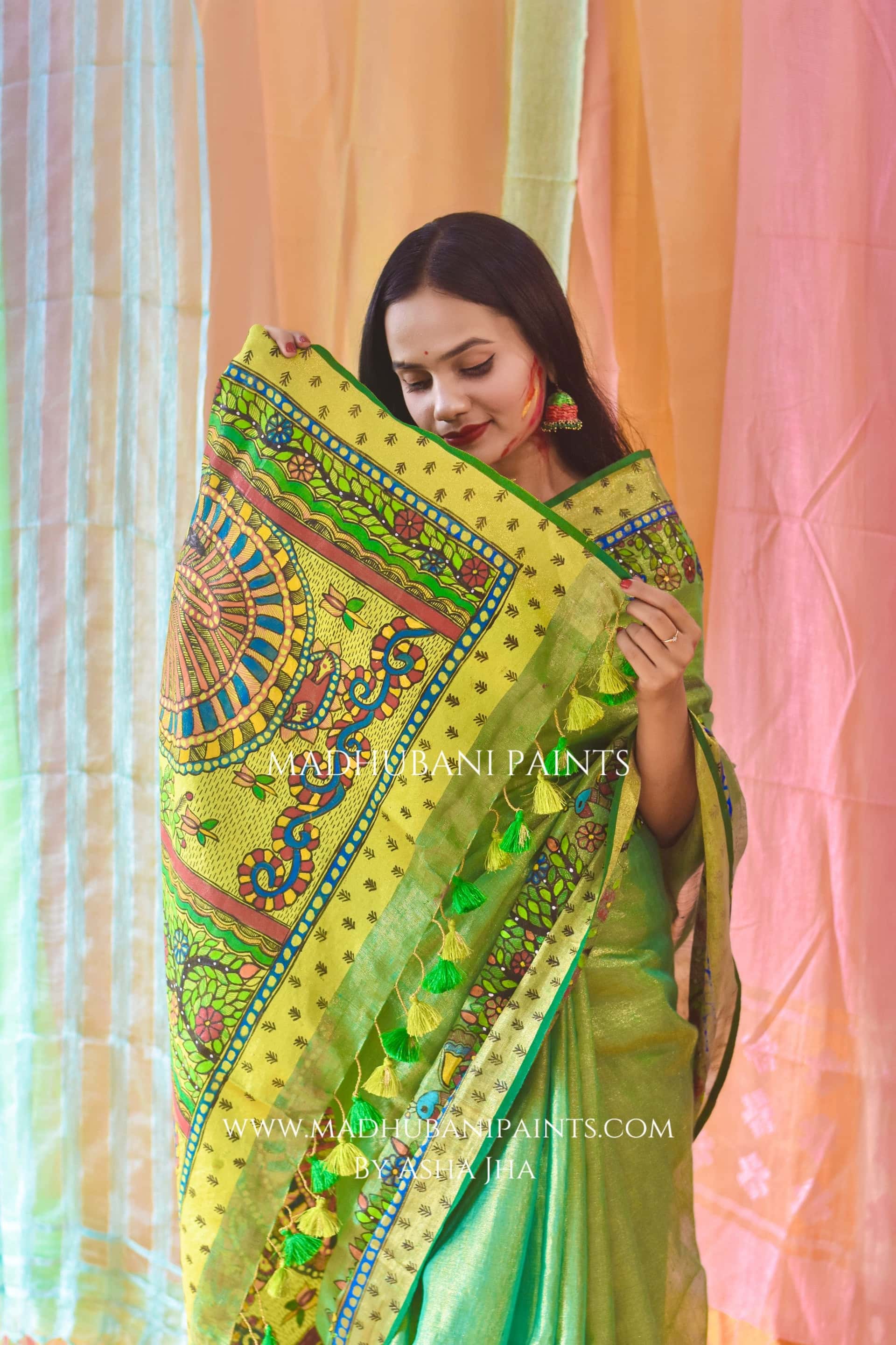 VASANTI Hand-painted Madhubani Tissue Linen Saree — image 7 of 8