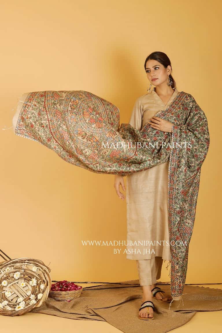 Mithila Prakriti Madhubani Handpainted Pure Handwoven Tussar Silk Dupatta — image 3 of 4