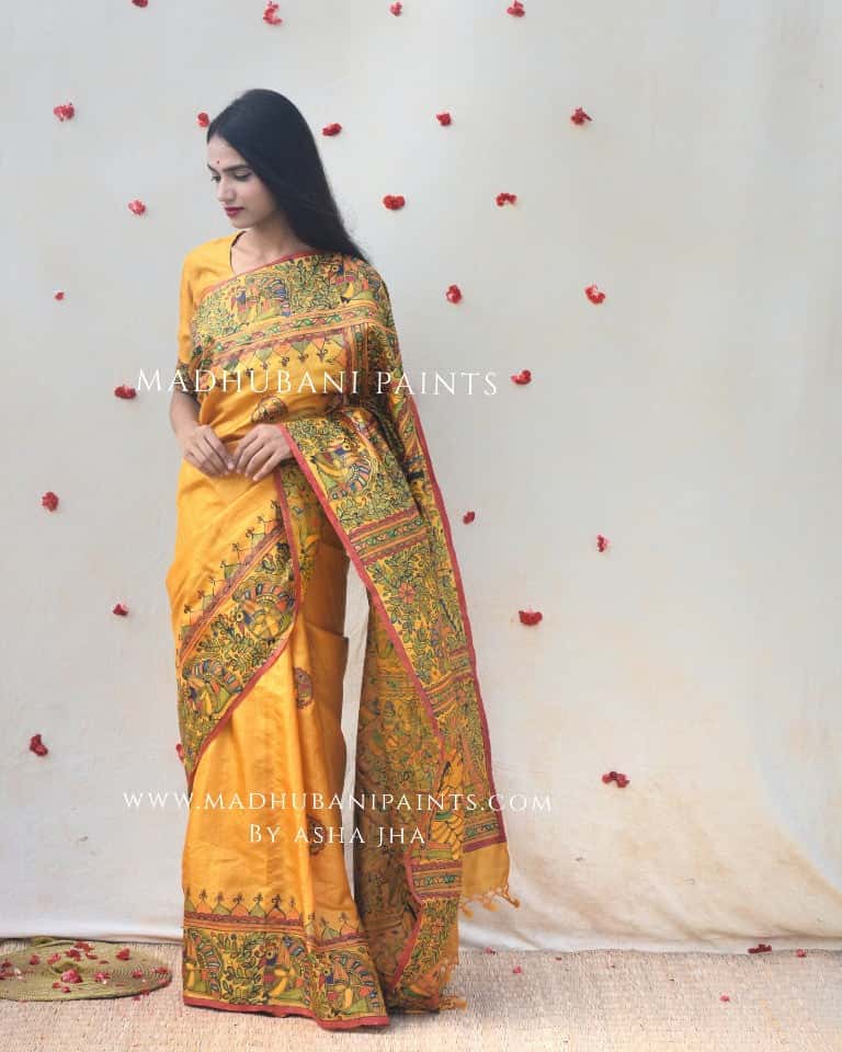 RAMAYANA' Handpainted Madhubani Tussar Silk Saree Blouse Set — image 4 of 7