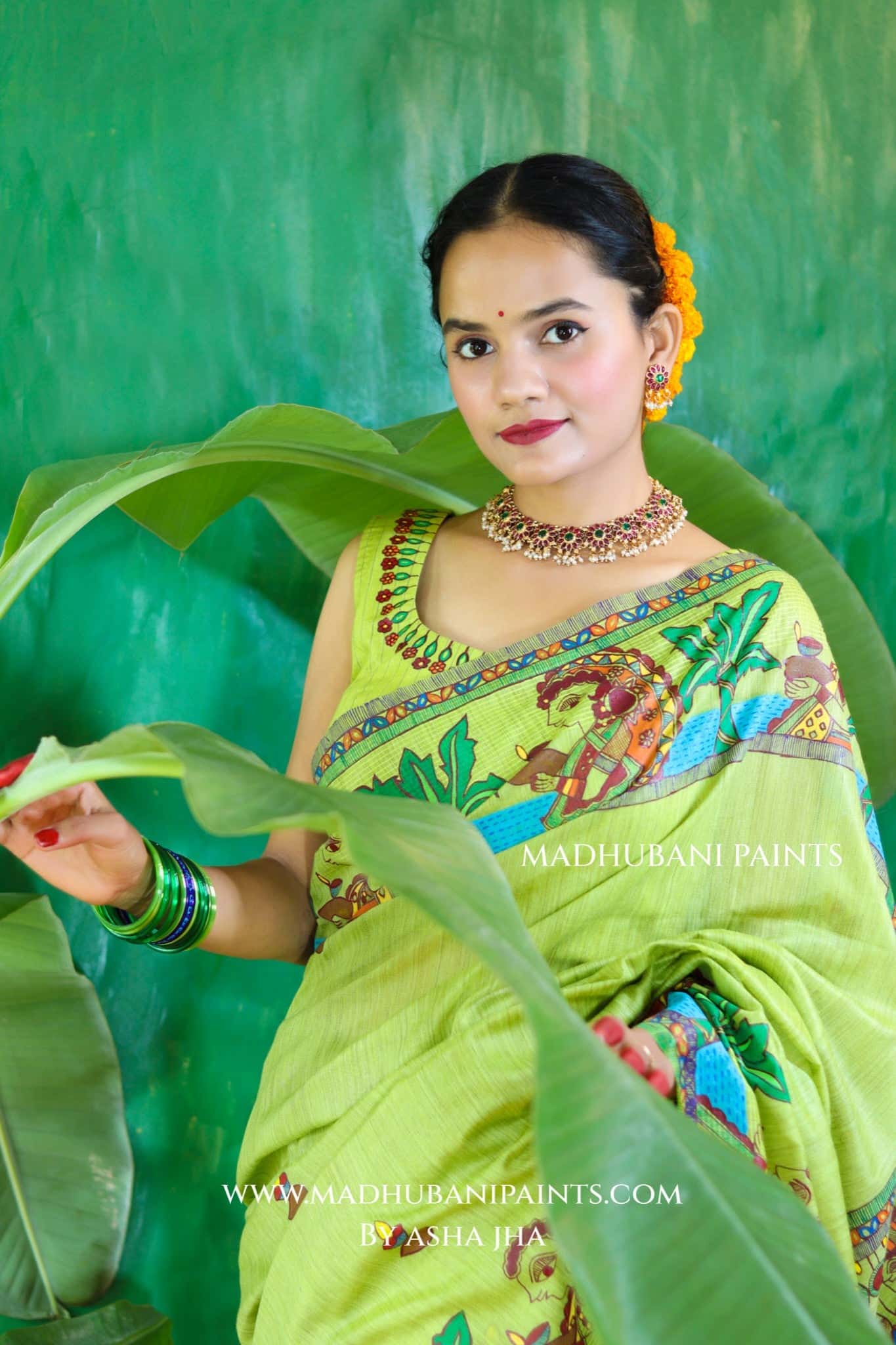 HARIYALI CHHATH Handpainted Madhubani Chanderi Saree Blouse Set — image 8 of 11