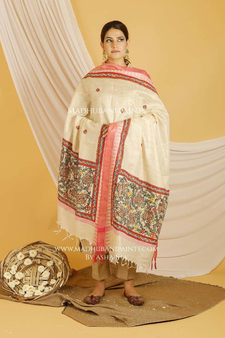 Surmai Pond Madhubani Handpainted Pure Handloom Cotton Dupatta — image 3 of 3