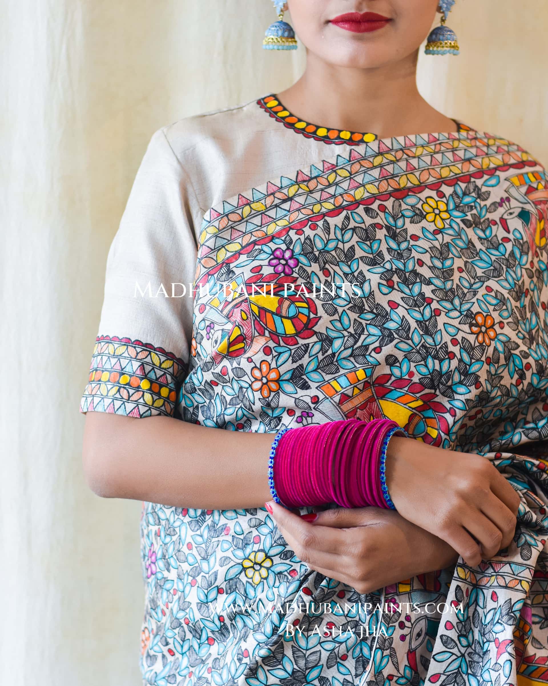 NEEL RAMAYAN Half Work Hand-painted Madhubani Tussar Silk Saree — image 3 of 10