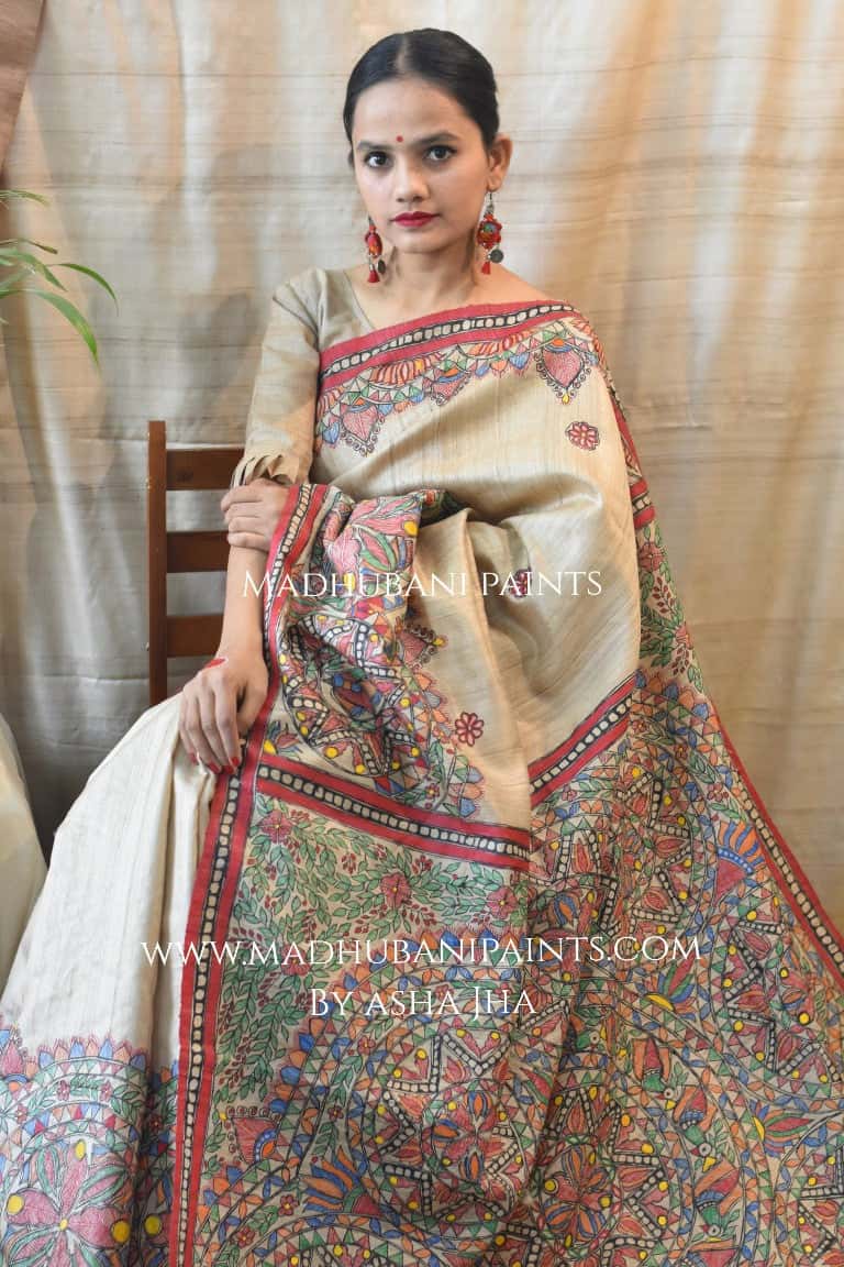 Saankh Leela Handpainted Madhubani Tussar Silk Saree — image 3 of 7