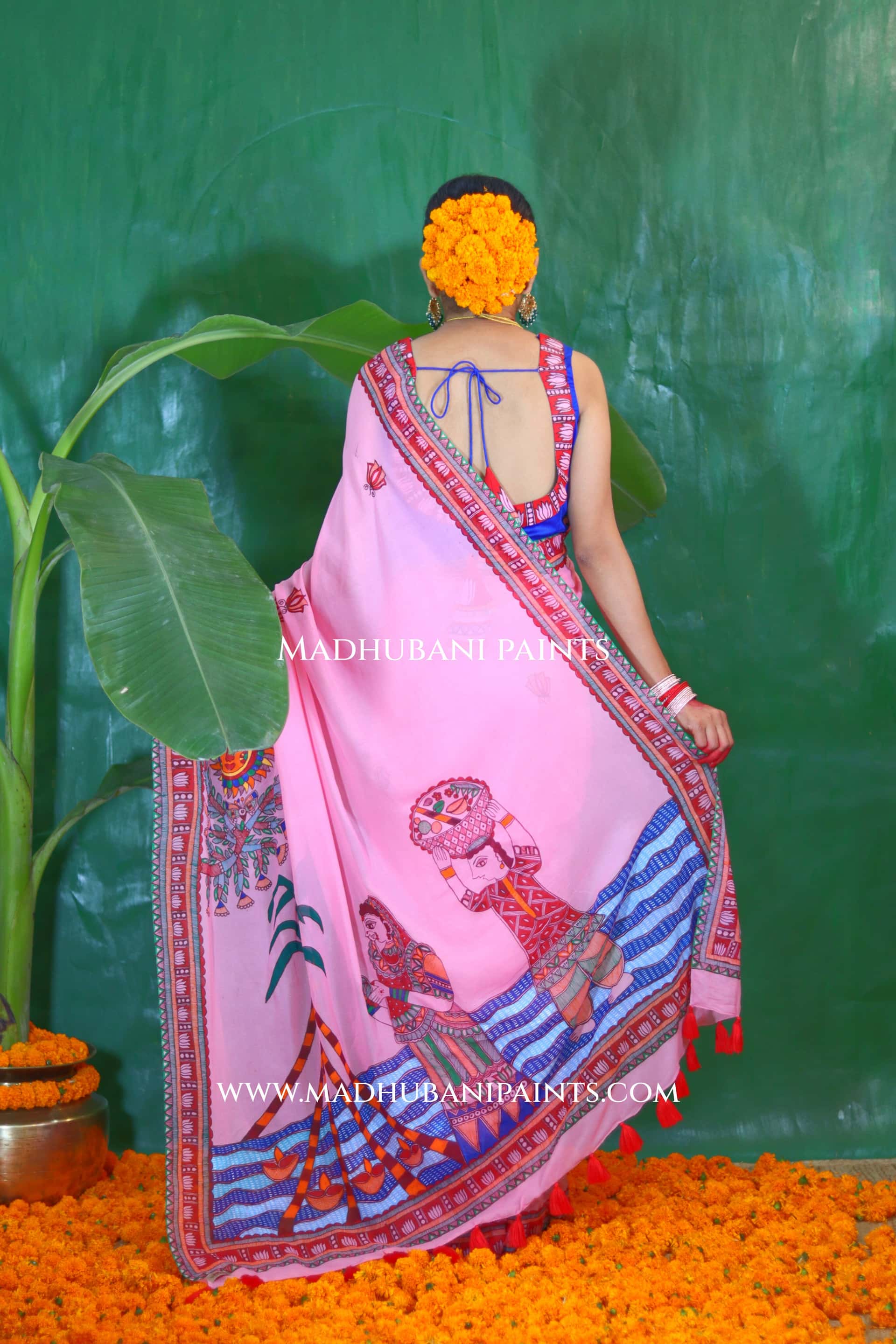 GULABI BHAKTI BHAVA Chhath Puja Hand painted Madhubani Georgette Saree — image 2 of 3