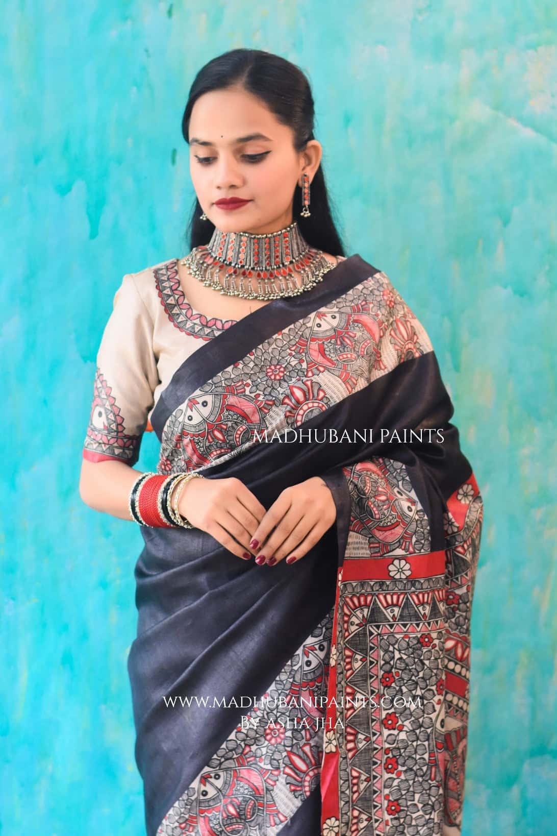 'MATSYA MANJARI'  Hand-Painted Madhubani Tussar Silk Saree — image 5 of 5