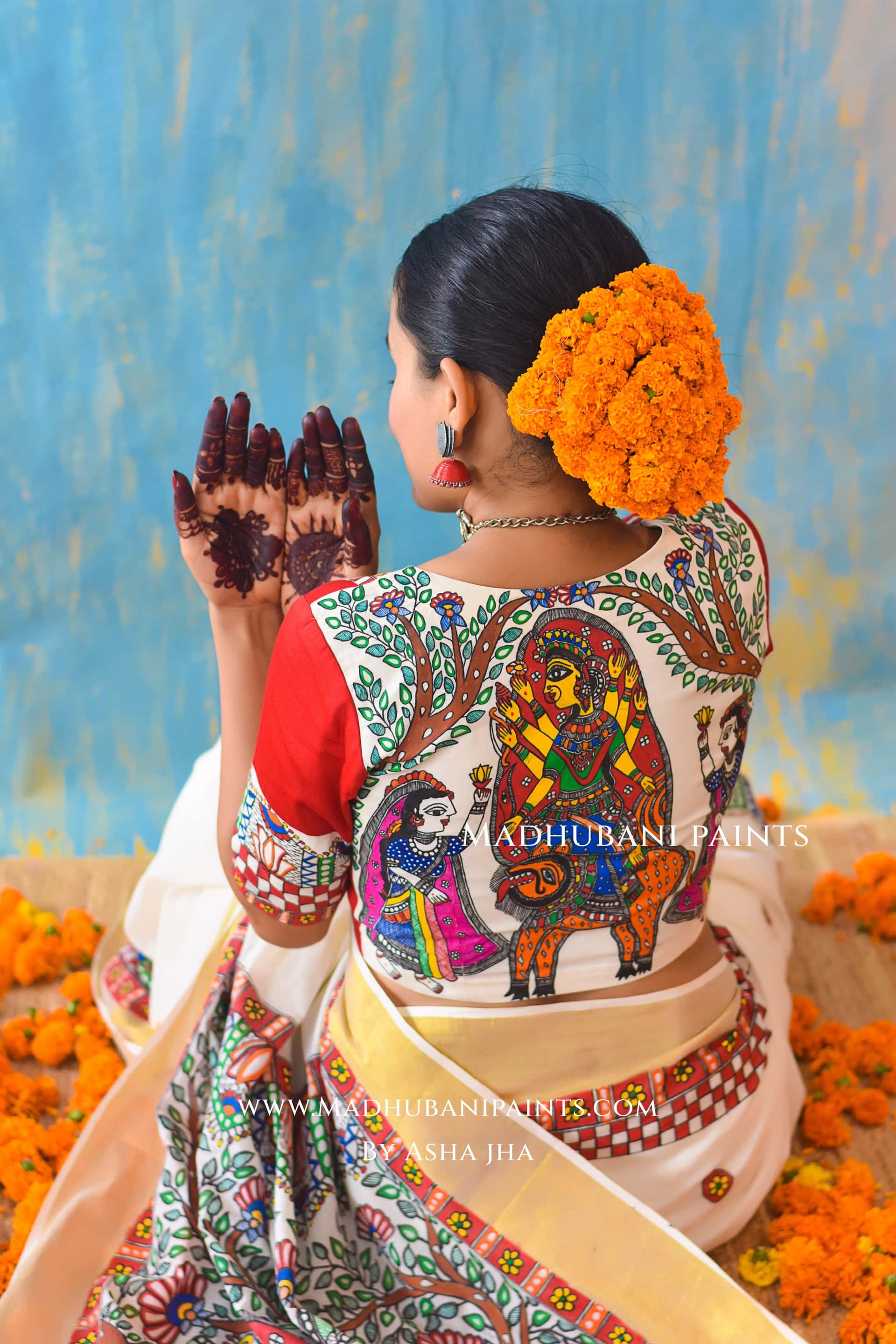 BHAIRAVI Hand-painted Madhubani Handloom Cotton Saree Blouse Set — image 4 of 7